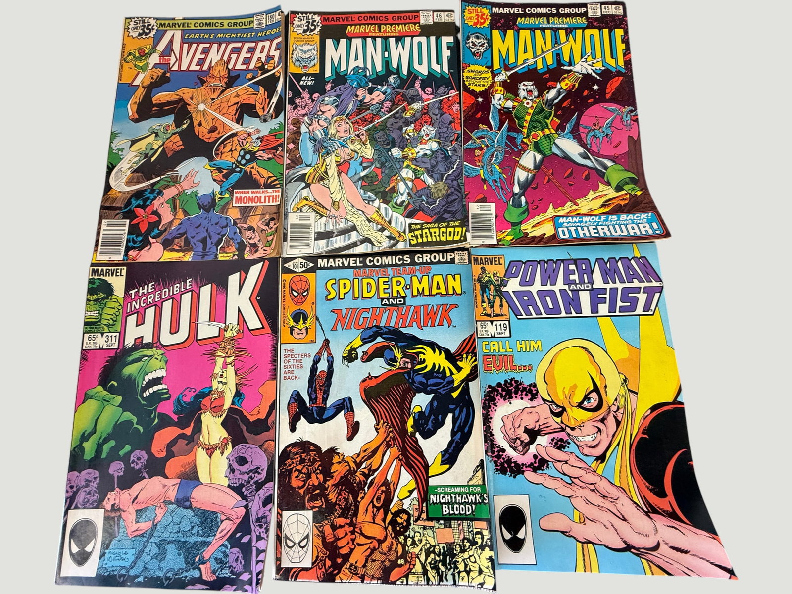 Marvel Comics Group Lot x6 | Avengers, Man-Wolf, Hulk, Spider-Man, Power Man (1 of 2)