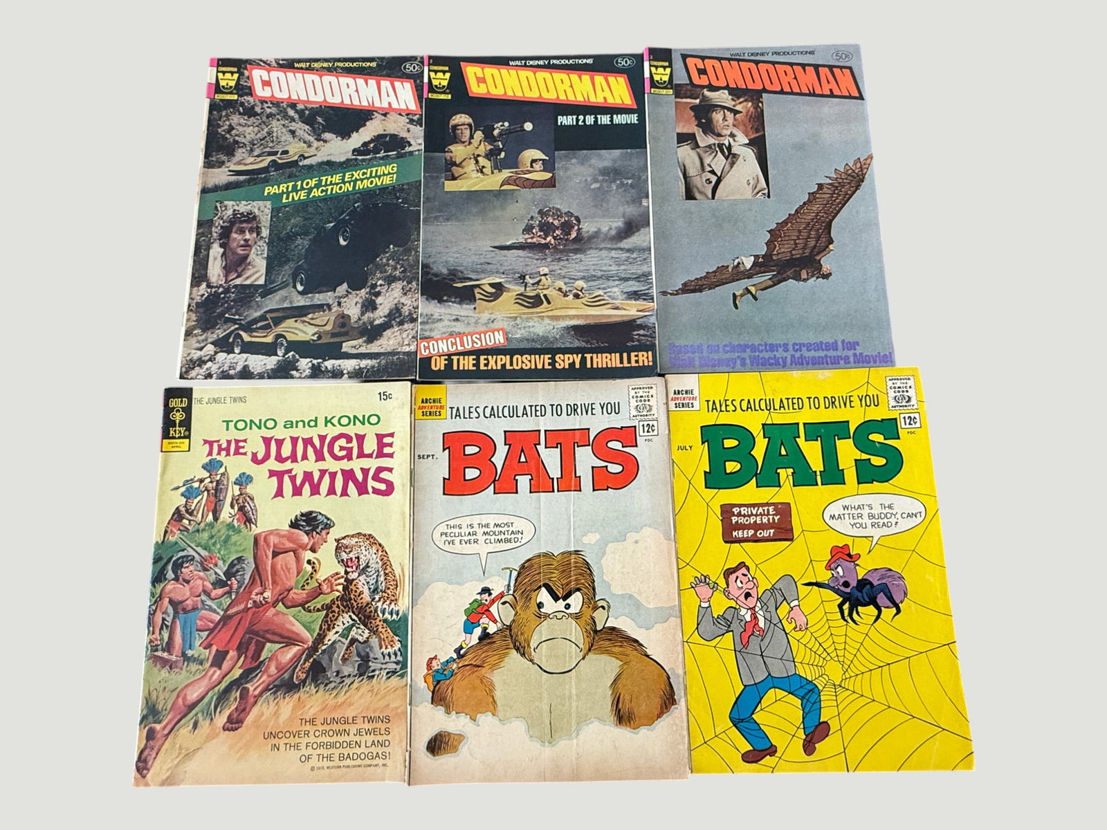 Collection of 6 Vintage Comics: Condorman (3), Bats (2), Jungle Twins (1) 1960s-80s (1 of 2)