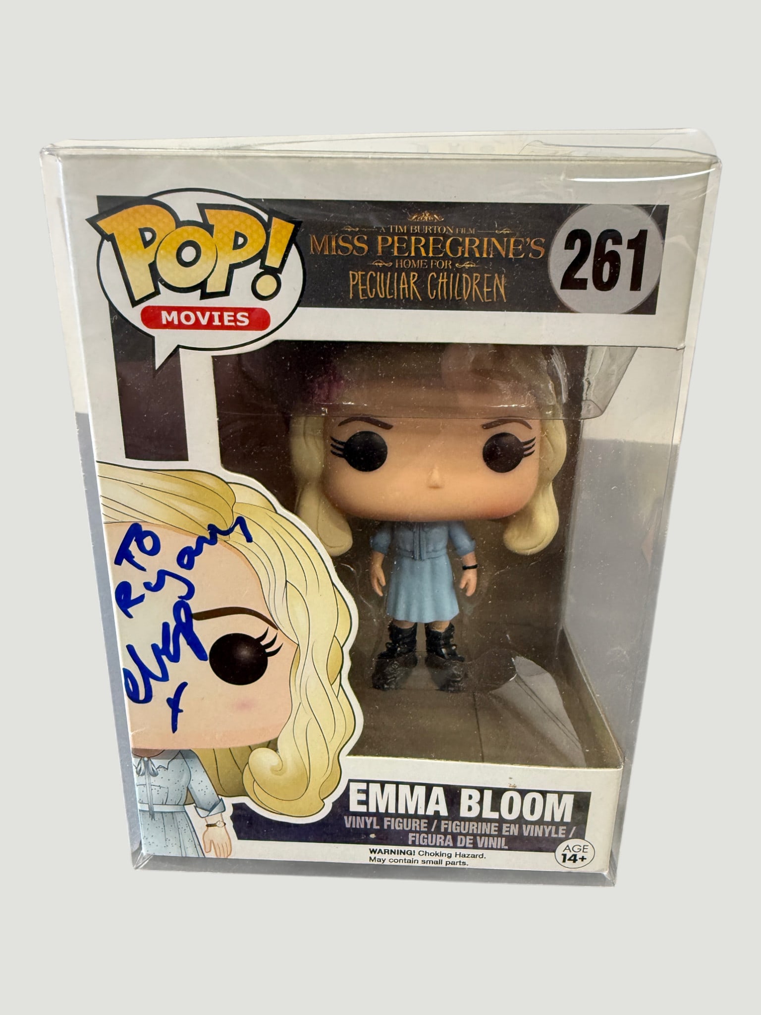 Funko Pop! Movies #261 Emma Bloom Miss Peregrine's Signed To Ryan: Funko Pop! Movies vinyl figure #261 depicting Emma Bloom from Tim Burton's 'Miss Peregrine's Home for Peculiar Children' (2016). The figure features Emma's signature blonde hair, blue dress, and platf