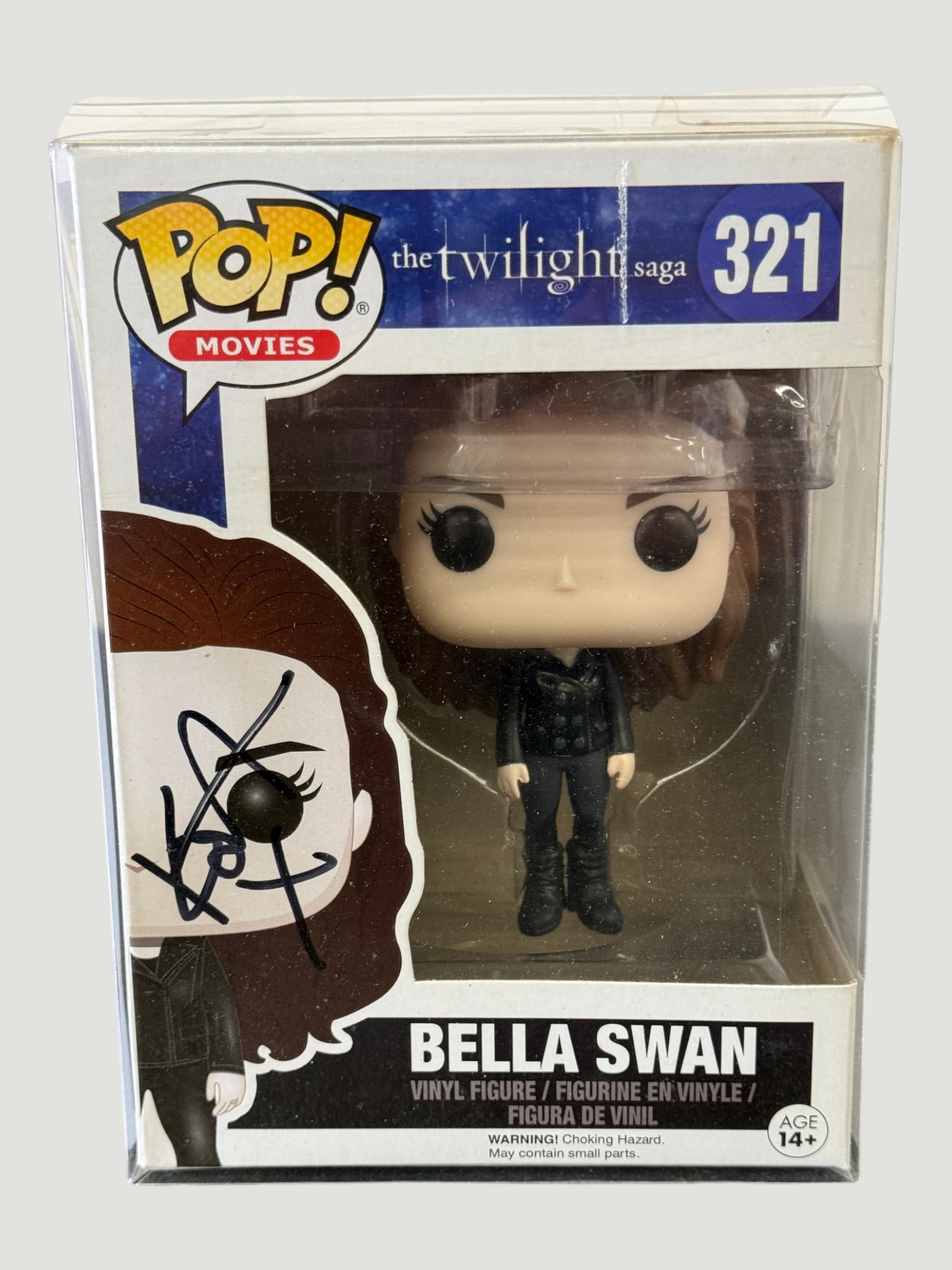 Funko Pop! Movies #321 Bella Swan – The Twilight Saga, Signed: Funko Pop! Movies vinyl figure #321 depicting Bella Swan from The Twilight Saga franchise, presented in its original packaging with protective acrylic case. The box features the iconic Twilight Saga b