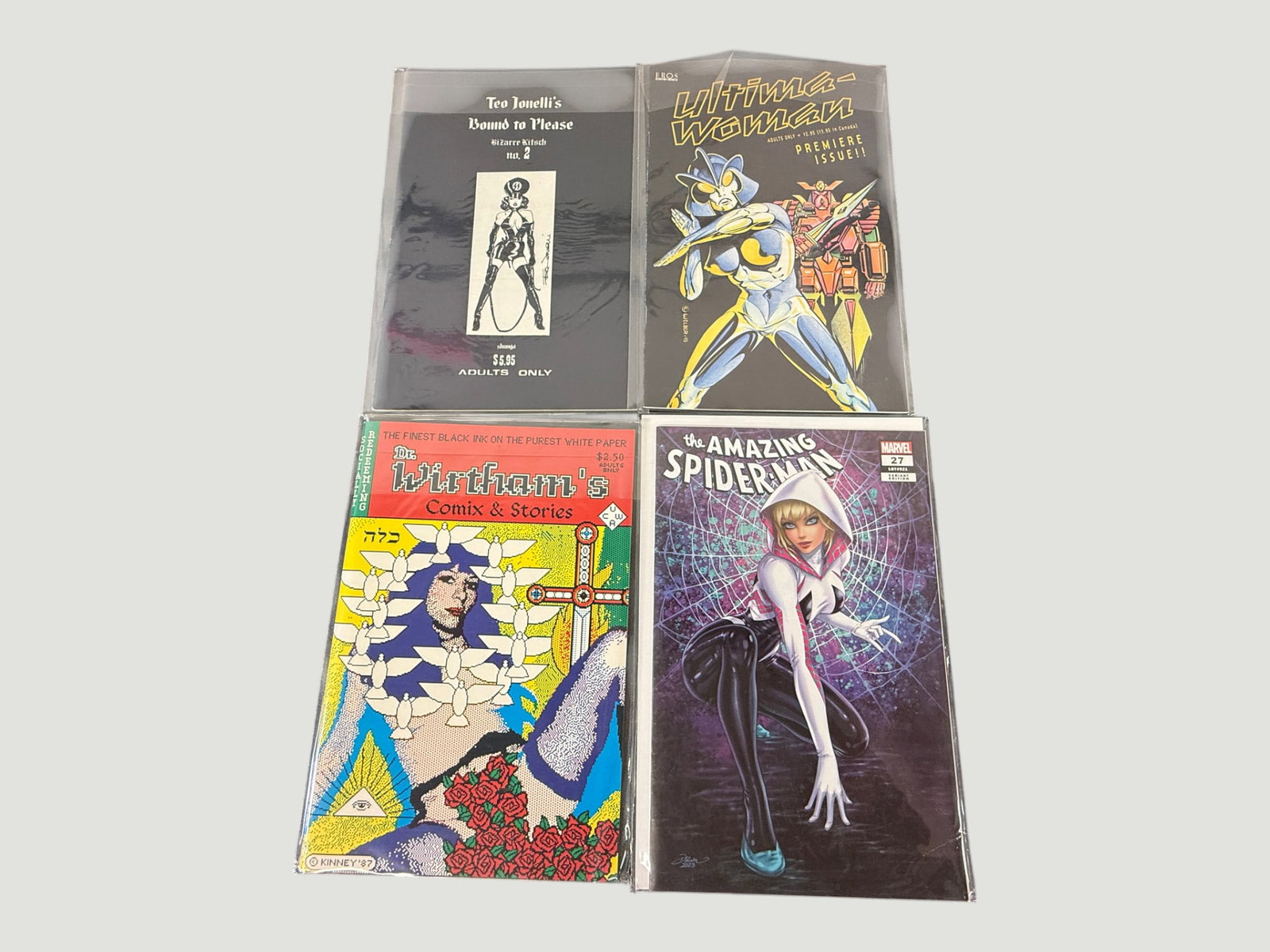 Mixed Comic Lot x4: Amazing Spider-Man #27, Ultima-Woman #1, Dr. Wertham's, Bound to Please: A collection of four bagged comics spanning multiple eras and publishers. Includes Marvel's The Amazing Spider-Man #27 featuring a Spider-Gwen variant cover (modern era, c.2023), Ultima-Woman Premiere