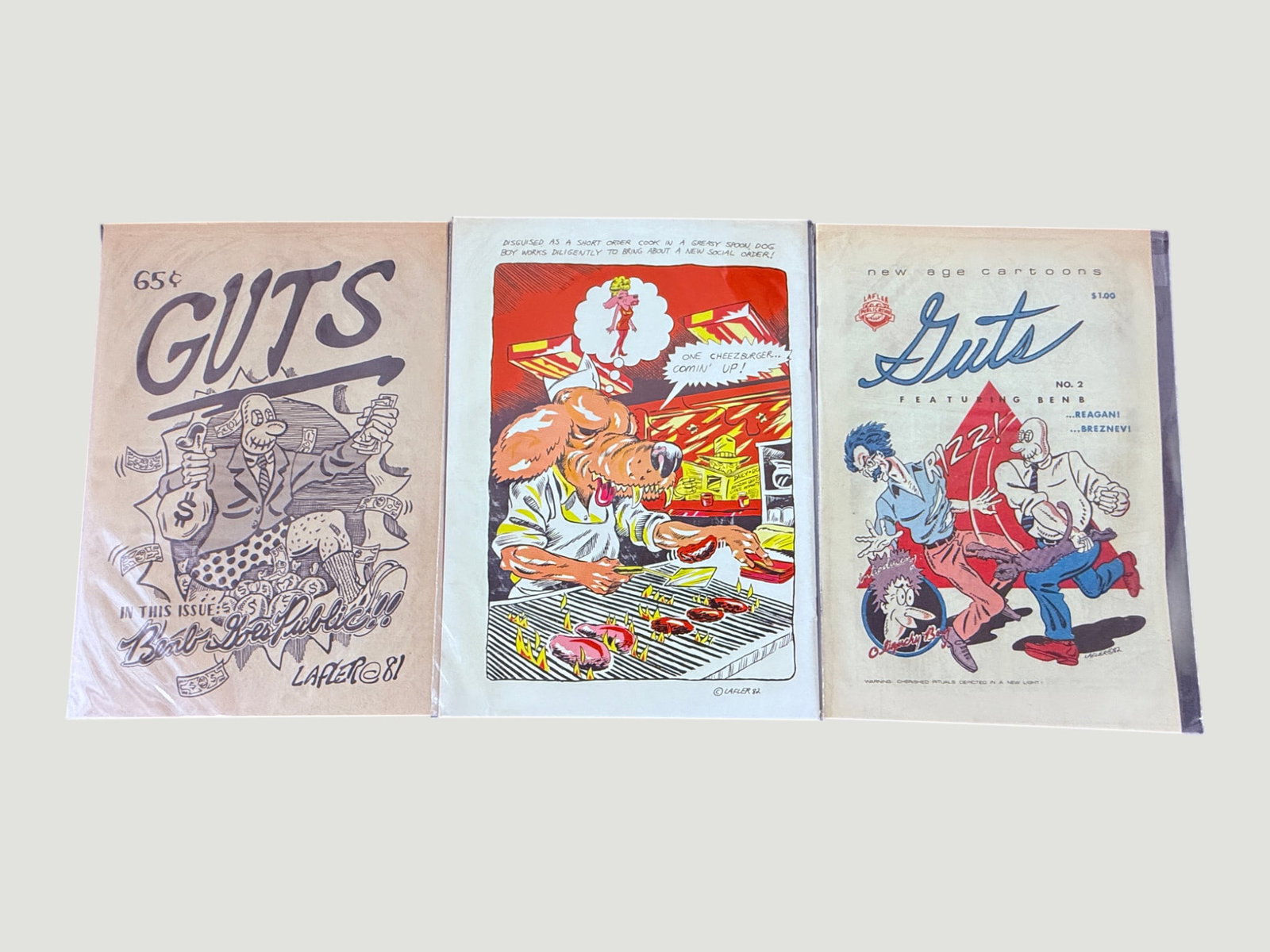 GUTS Underground Comix #1 & #2 by Lafler, 1981-1982, Plus Interior Art Print: A collection of two issues of 'Guts' underground comix by artist Steve Lafler, published in 1981 and 1982, priced at 65¢ and $1.00 respectively. Issue #1 features 'Beats the Public' and Issue #2 is s