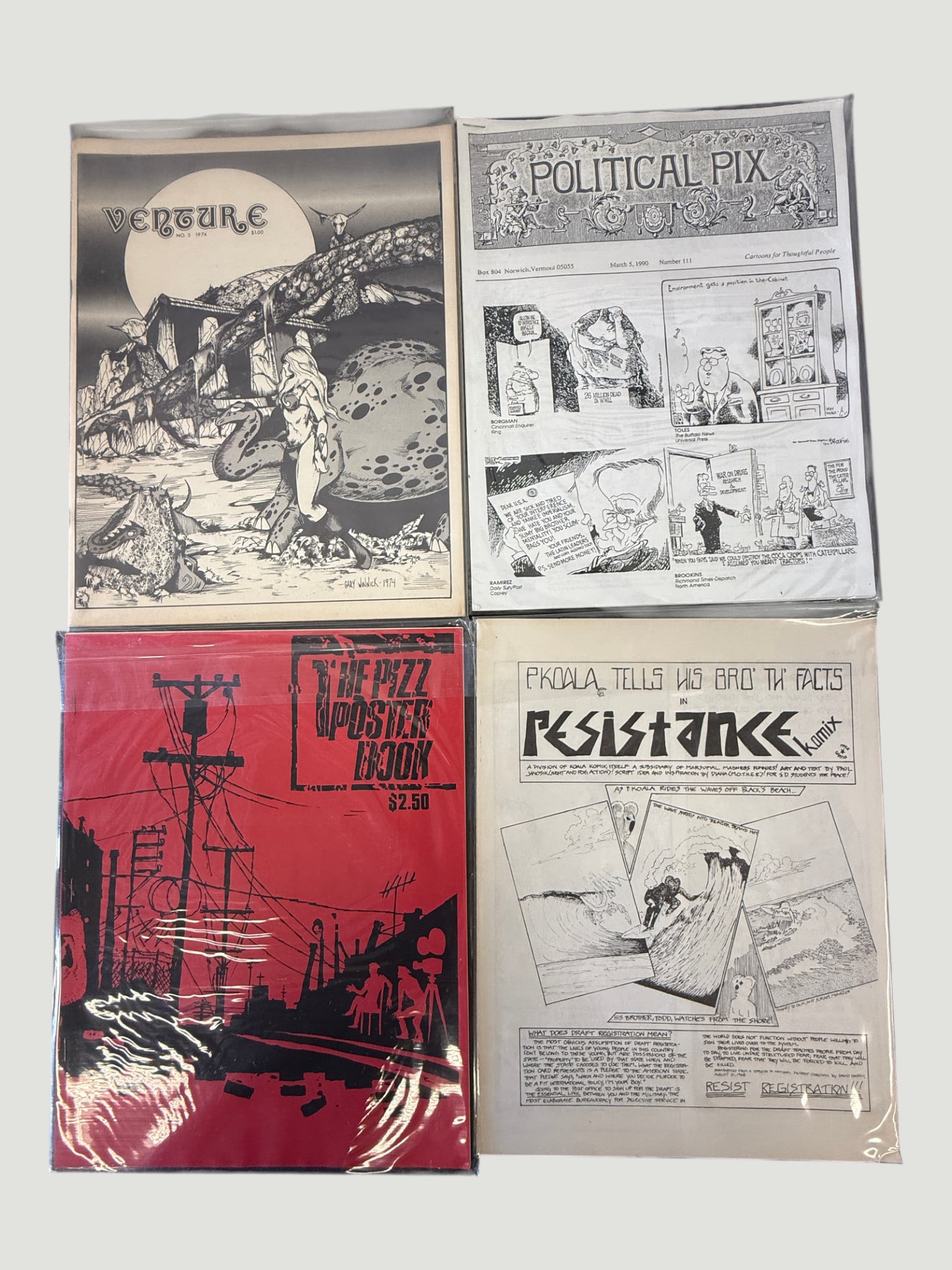 Underground/Alternative Comics & Zines Lot: Political Pix, Resistance, Venture & More: A collection of four underground and alternative small press publications, including 'Political Pix' No. 111 (March 5, 1990, Norwich Vermont), a political cartoon newsletter subtitled 'Cartoons for Th