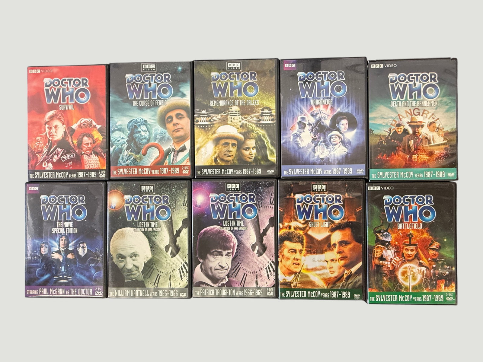 Doctor Who BBC Video DVD Collection (10 DVDs) - Classic & TV Movie Sylvester McCoy Era: A collection of ten Doctor Who BBC Video DVD releases, predominantly featuring the Sylvester McCoy Years (1987-1989), including Survival, The Curse of Fenric, Remembrance of the Daleks, Dragonfire, De