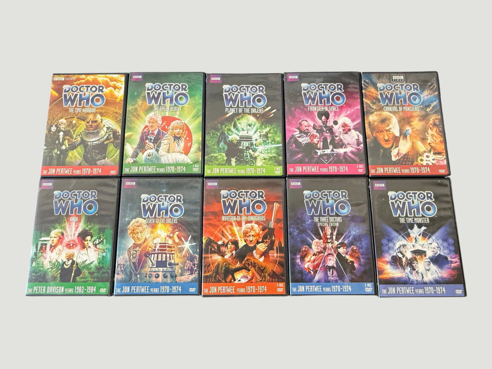 Doctor Who Classic BBC DVD Collection x10 Jon Pertwee & Peter Davison Era: A collection of ten Doctor Who BBC DVD releases spanning the classic era, predominantly featuring the Jon Pertwee Years (1970-1974) with titles including The Time Warrior, The Green Death (Special Edi