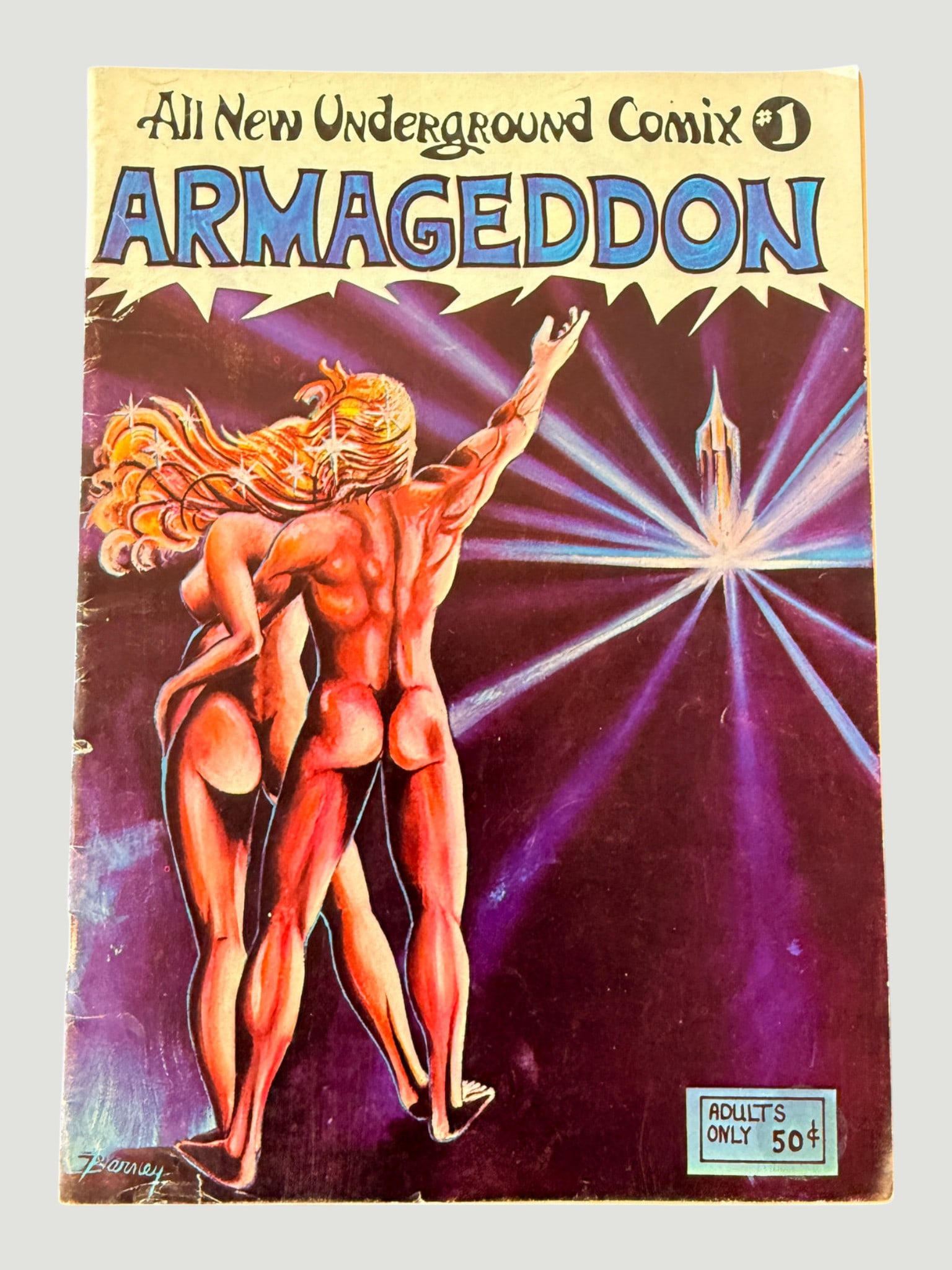 Armageddon #1 All New Underground Comix Adults Only 50¢ Underground Comic: Armageddon #1, an underground comix publication from the early 1970s counterculture era, marked 'Adults Only' and priced at 50 cents, indicating an original first printing. The striking painted cover 