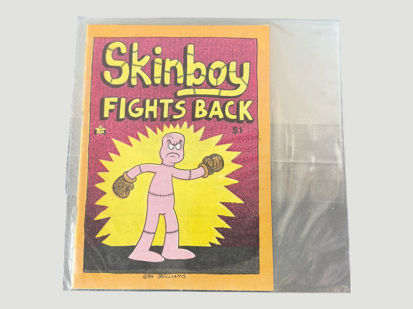 Skinboy Fights Back Underground Mini Comic #1, J. Williams 1984: A rare underground mini-comic titled 'Skinboy Fights Back,' created and copyrighted in 1984 by artist J. Williams, priced at $1 on the cover. The comic features a stitched-together Frankenstein-like c