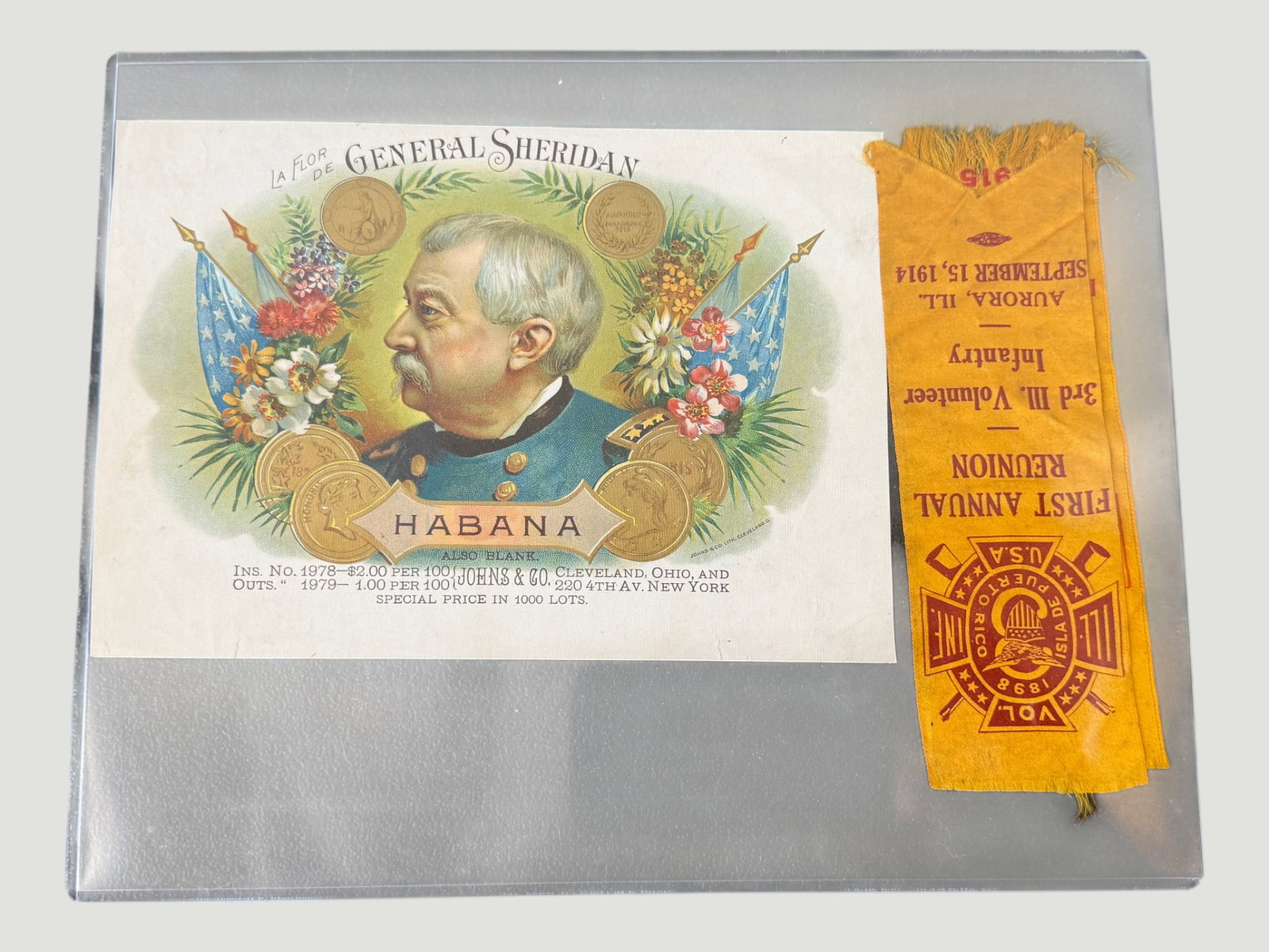 La Flor de General Sheridan Habana Cigar Label + 1914 GAR Reunion Ribbon (1 of 2)