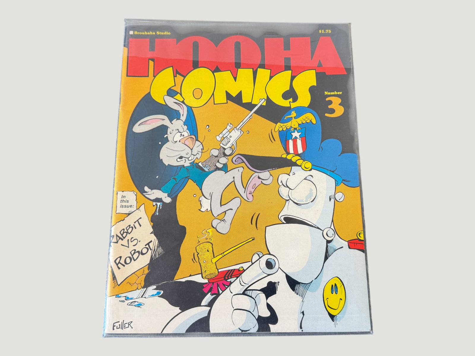 Hoo Ha Comics #3, Brouhaha Studio, Underground Comix, Fuller Art: Hoo Ha Comics Number 3, published by Brouhaha Studio and priced at $1.75 on the cover, is an independent underground-style comic book featuring the story 'Rabbit vs. Robot' as highlighted on the cover