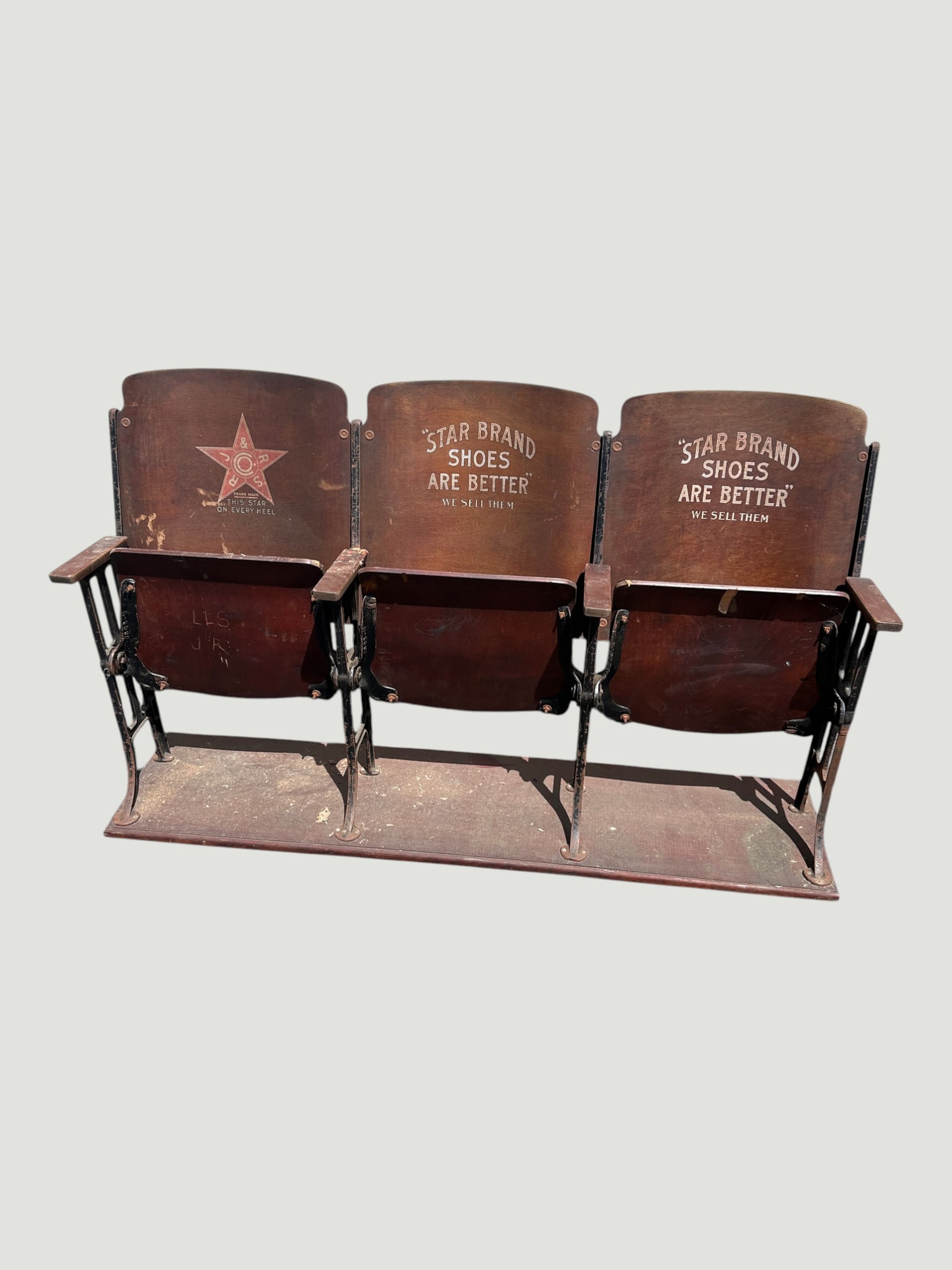 Antique 3-Seat Folding Theater Chairs with Original "Star Brand Shoes Are Better" Advertising — (1 of 6)