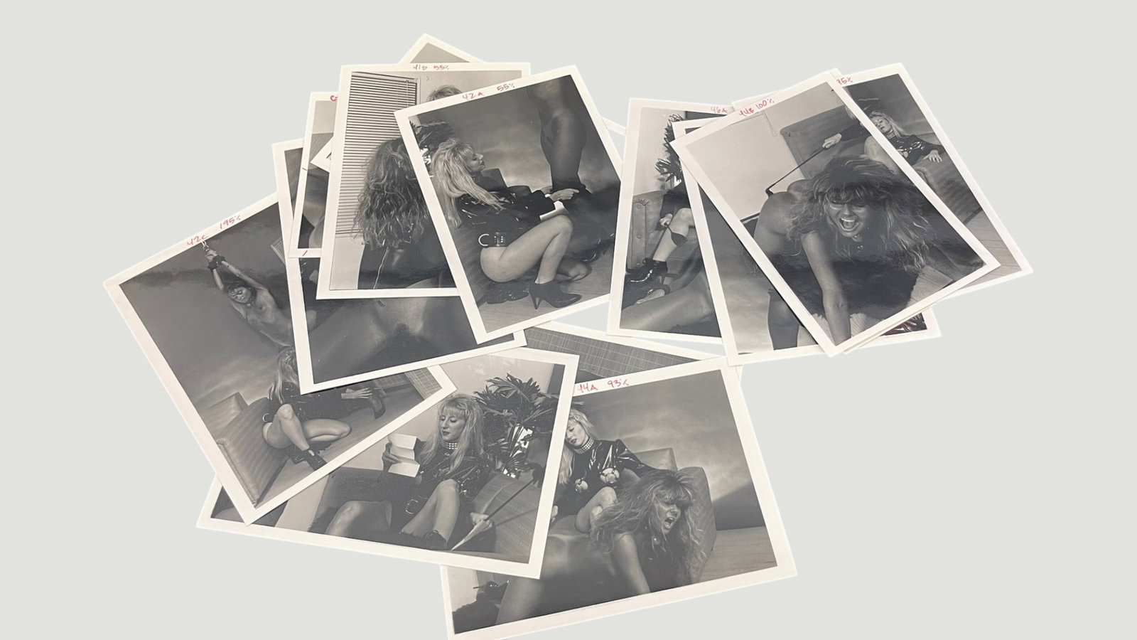 Vintage B&W Photography Contact Prints Rock/Glam Fashion Shoot c.1980s Set of ~12: A collection of approximately 12 black-and-white photographic prints from what appears to be a professional glam rock or heavy metal themed fashion/promotional shoot, likely dating to the mid-to-late 