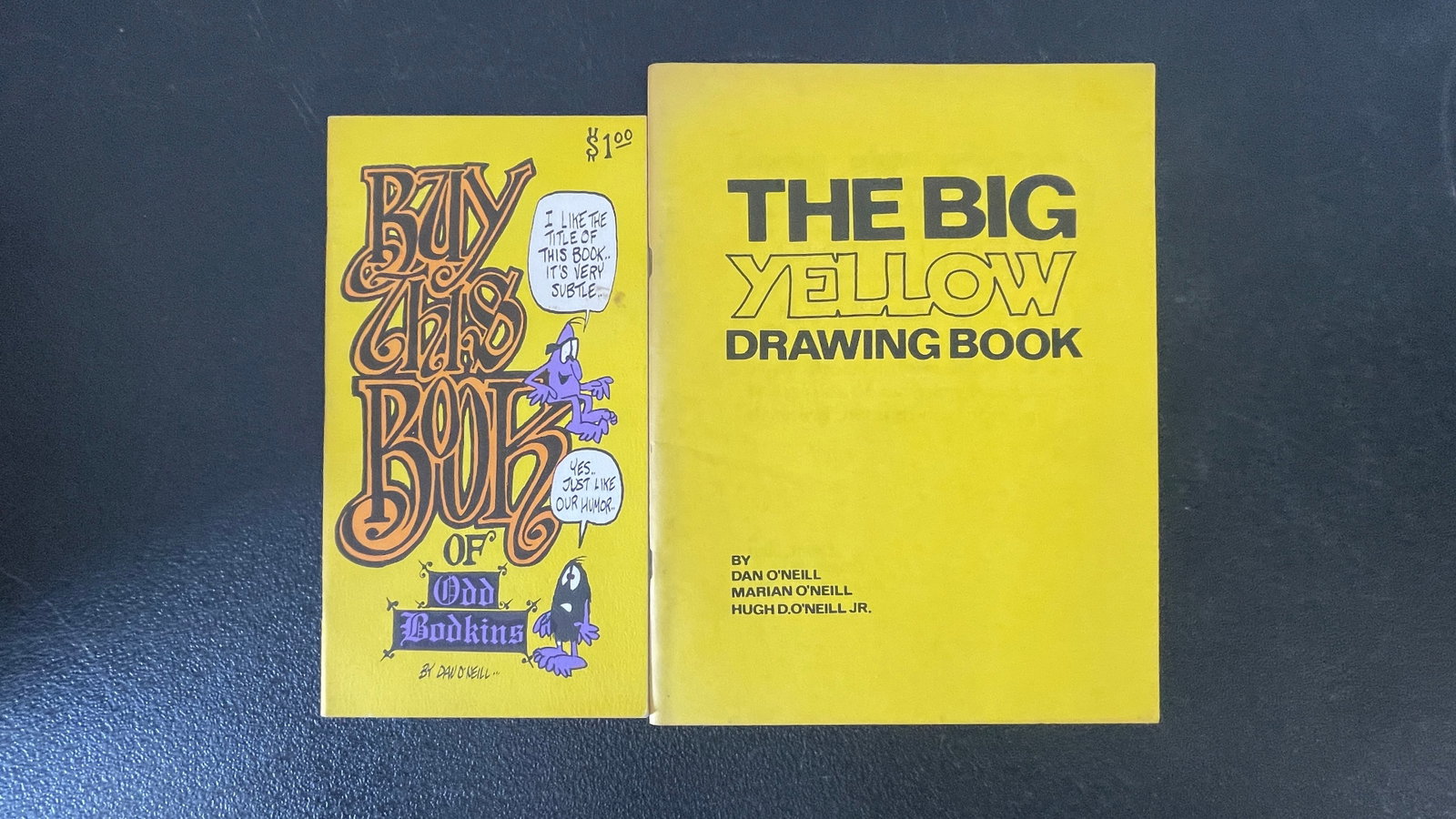 Dan O'Neill 'Odd Bodkins' & 'Big Yellow Drawing Book' Underground Comics Pair: A pair of rare underground comics publications by Dan O'Neill: 'Buy This Book of Odd Bodkins' (priced at $1.00, featuring O'Neill's iconic Odd Bodkins characters in classic psychedelic lettering