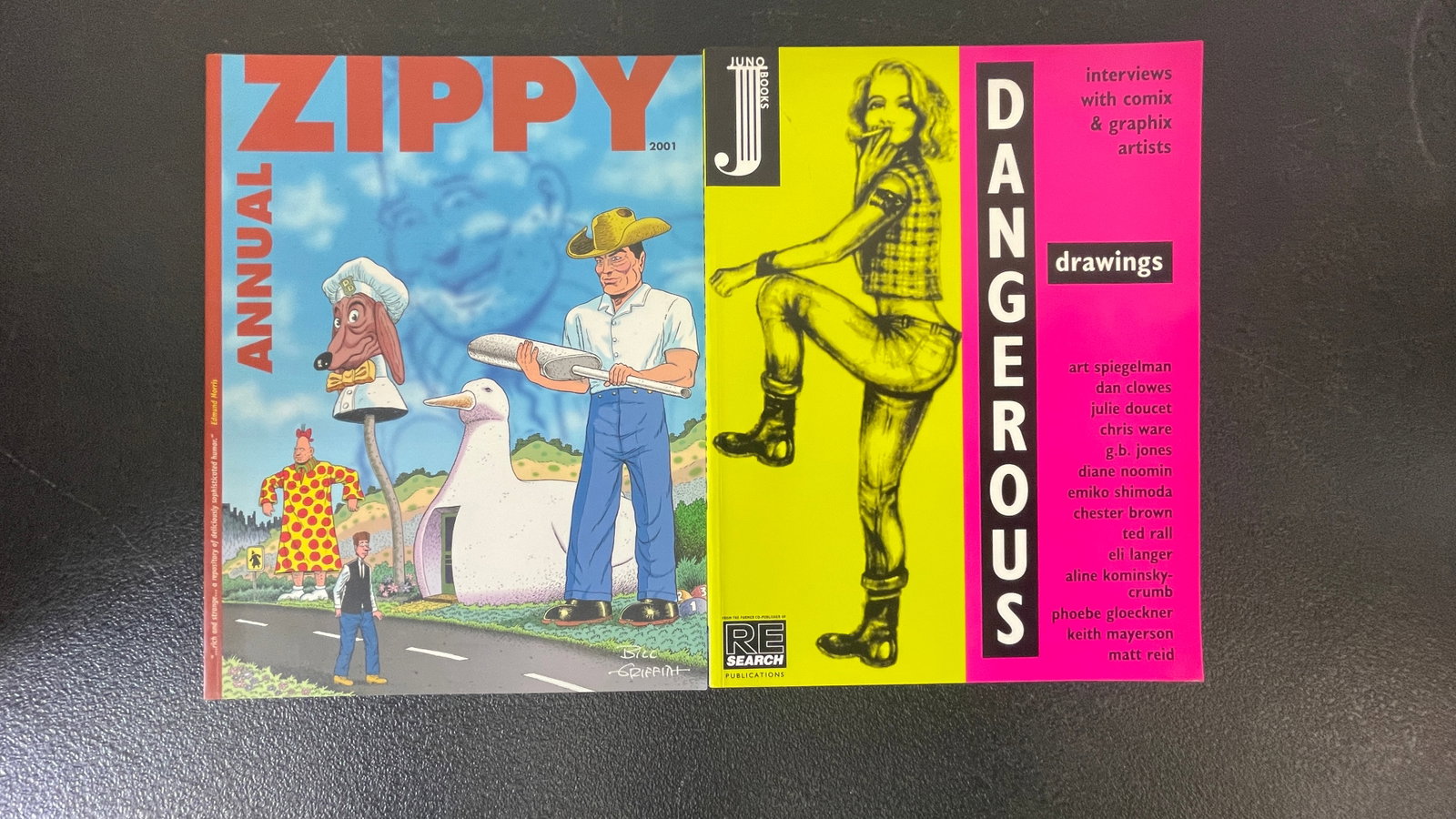 Zippy Annual 2001 (Fantagraphics) & Dangerous Drawings (Juno/RE/Search) — 2 Books: A pairing of two underground/alternative comics publications: 'Zippy Annual 2001' by Bill Griffith, published by Fantagraphics Books, collecting the beloved surrealist comic strip featuring Zippy the