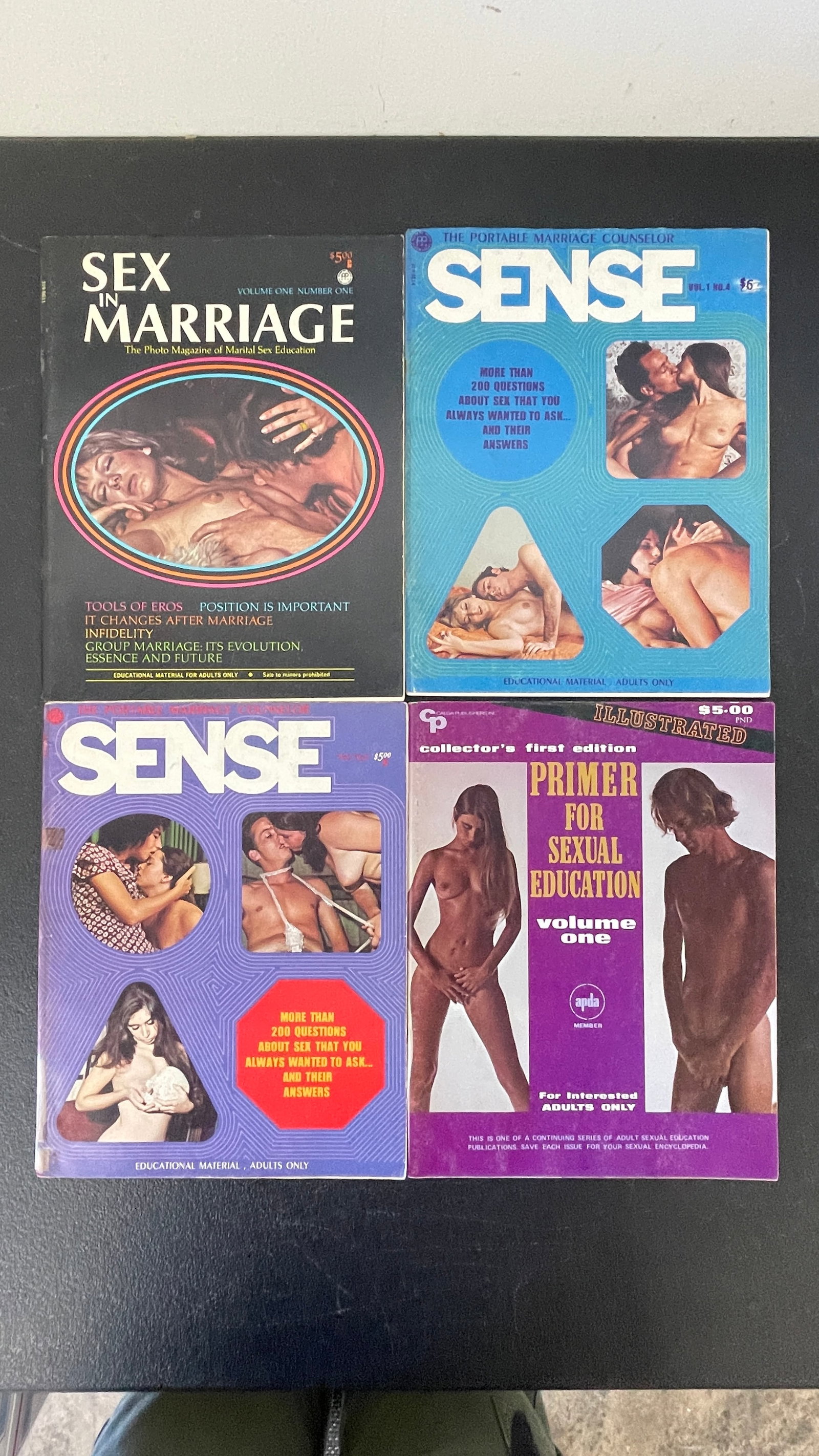 Vintage Adult Sex Education Magazines 1970s Lot x4 Sense, Sex in Marriage, Primer: A collection of four vintage adult sex education publications from the early 1970s, marketed as educational material for adults. Includes two issues of 'Sense: The Portable Marriage Counselor' (Vol. 1