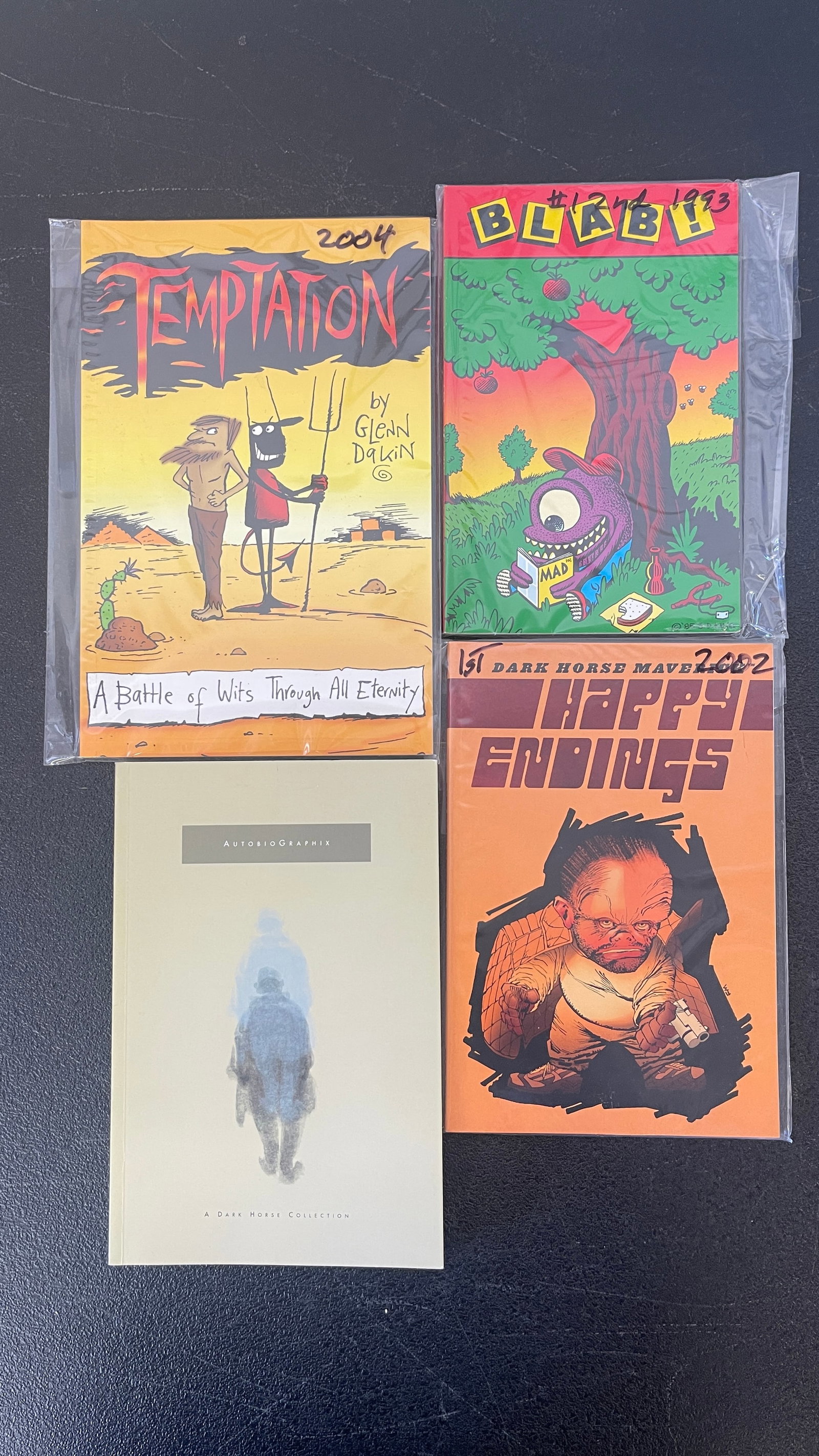 Indie Comics Lot: Temptation 2004, Blab! #12 1993, Happy Endings 2002, AutoBioGraphix: A collection of four alternative and independent comics publications: 'Temptation' (2004) by Glenn Dakin, subtitled 'A Battle of Wits Through All Eternity', published by SLG Publishing; 'Blab!' #12 (1