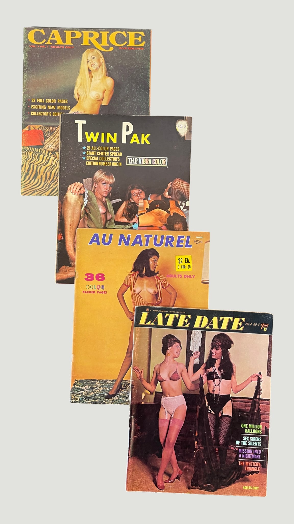 Vintage Adult Magazines x4: Caprice, Twin Pak, Au Naturel & Late Date, c.1960s–70s: A collection of four vintage adult 'Adults Only' publications from the late 1960s to early 1970s, comprising: 'Caprice' Vol.1 No.1 (Collector's Edition, 32 full colour pages); 'Twin Pak' Special Colle