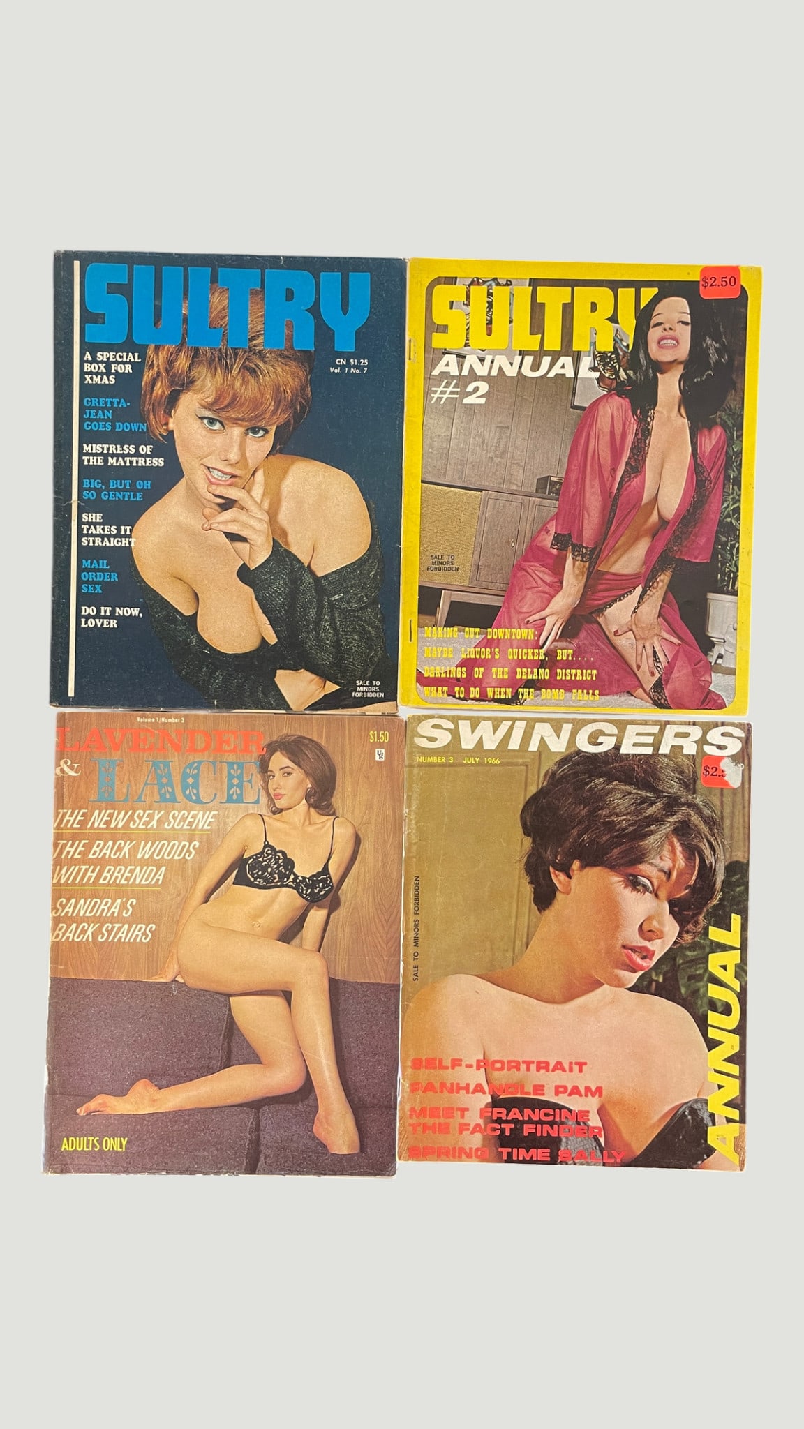 Vintage Adult Magazines 1960s: Sultry, Lavender & Lace, Swingers Annual (4): A collection of four vintage adult periodicals from the 1960s, comprising two issues of 'Sultry' (Vol.1 No.7 and Annual #2), one issue of 'Lavender & Lace' (Vol.1 No.3, priced $1.50), and 'Swingers An