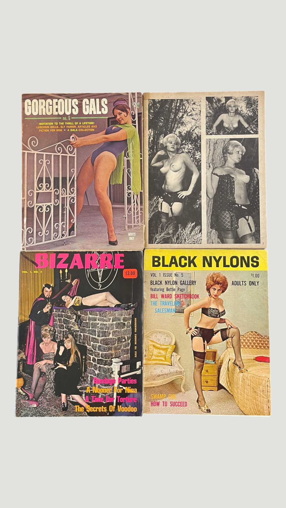 Vintage Adult Pulp Magazines x4: Gorgeous Gals, Bizarre, Black Nylons c.1960s: A collection of four vintage adult pulp magazines from the 1960s era, comprising: 'Gorgeous Gals' No. 5 (priced $2.50, Adults Only); an unnamed black-and-white photo digest (interior pages visible); '