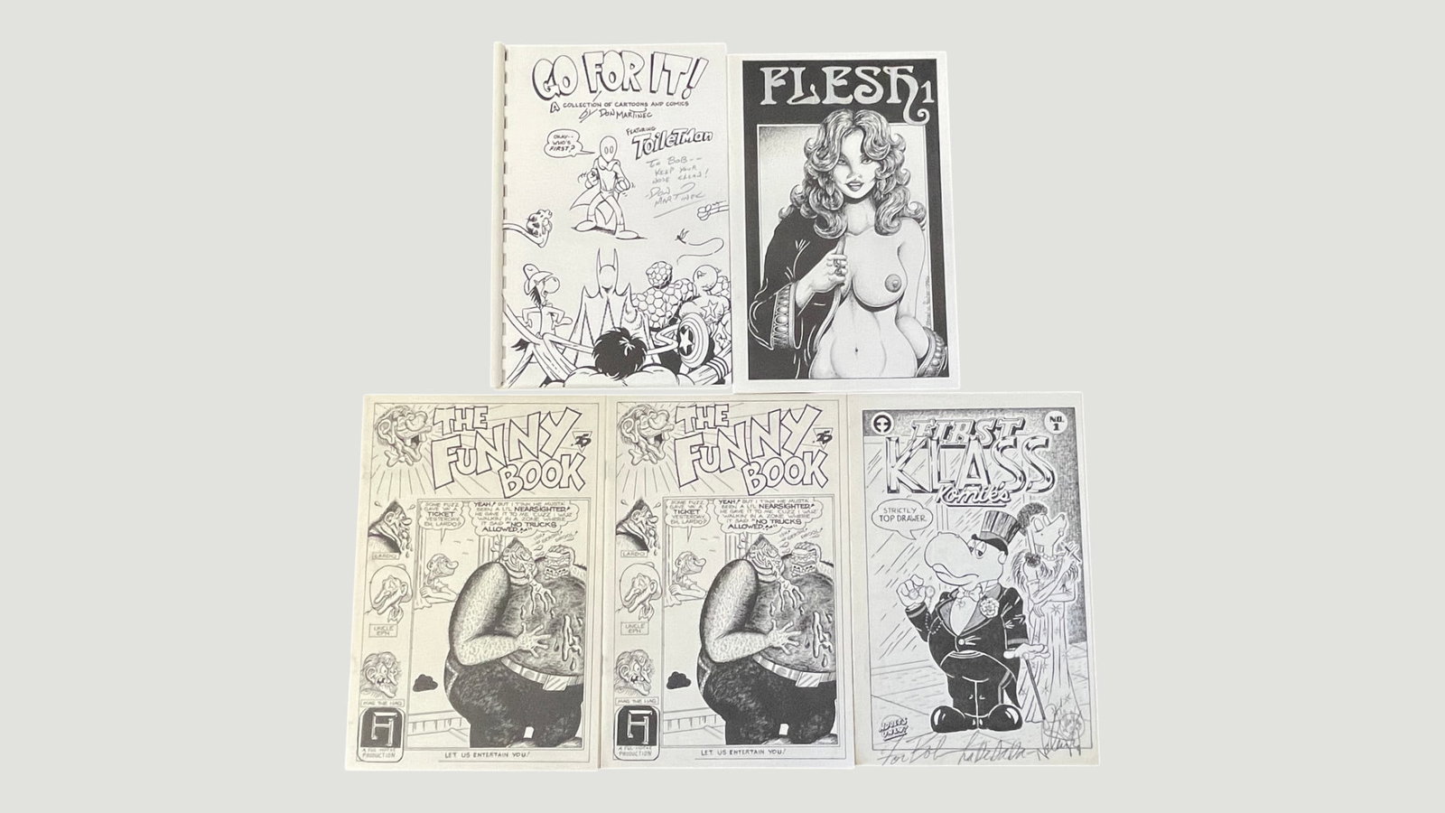 Underground Comix Collection: Go For It!, Flesh #1, Funny Book, First Klass Komics #1: A collection of five small-press and underground comix publications from the 1970s-1980s, including 'Go For It!' featuring Toilet Man by Don Martinez (with handwritten inscription/dedication), 'Flesh 