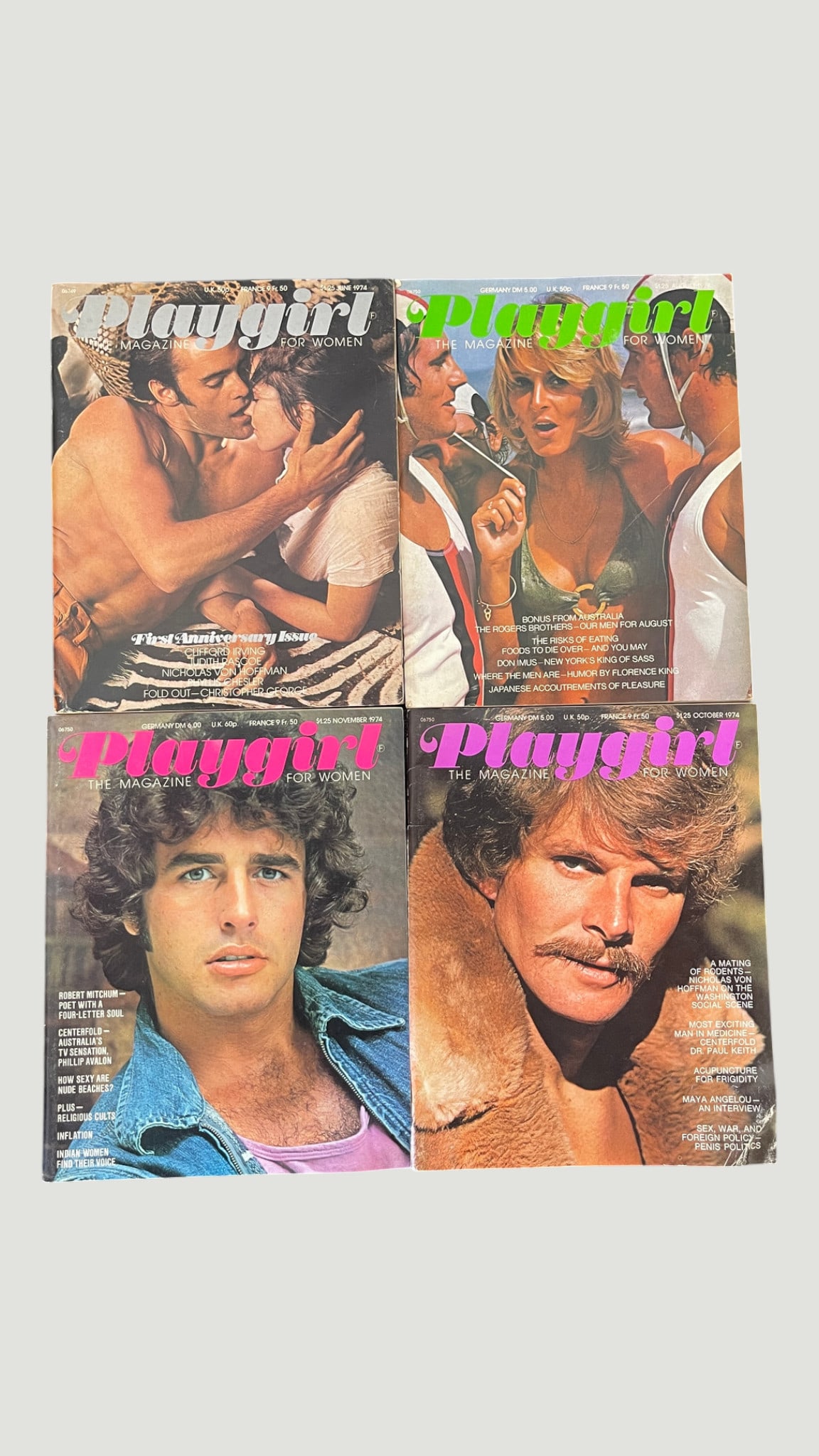 Playgirl Magazine for Women 1974 Collection — Four Issues incl. First Anniversary: A collection of four issues of Playgirl: The Magazine for Women, all from 1974, comprising the First Anniversary Issue (June 1974), an August 1974 issue, an October 1974 issue, and a November 1974 iss