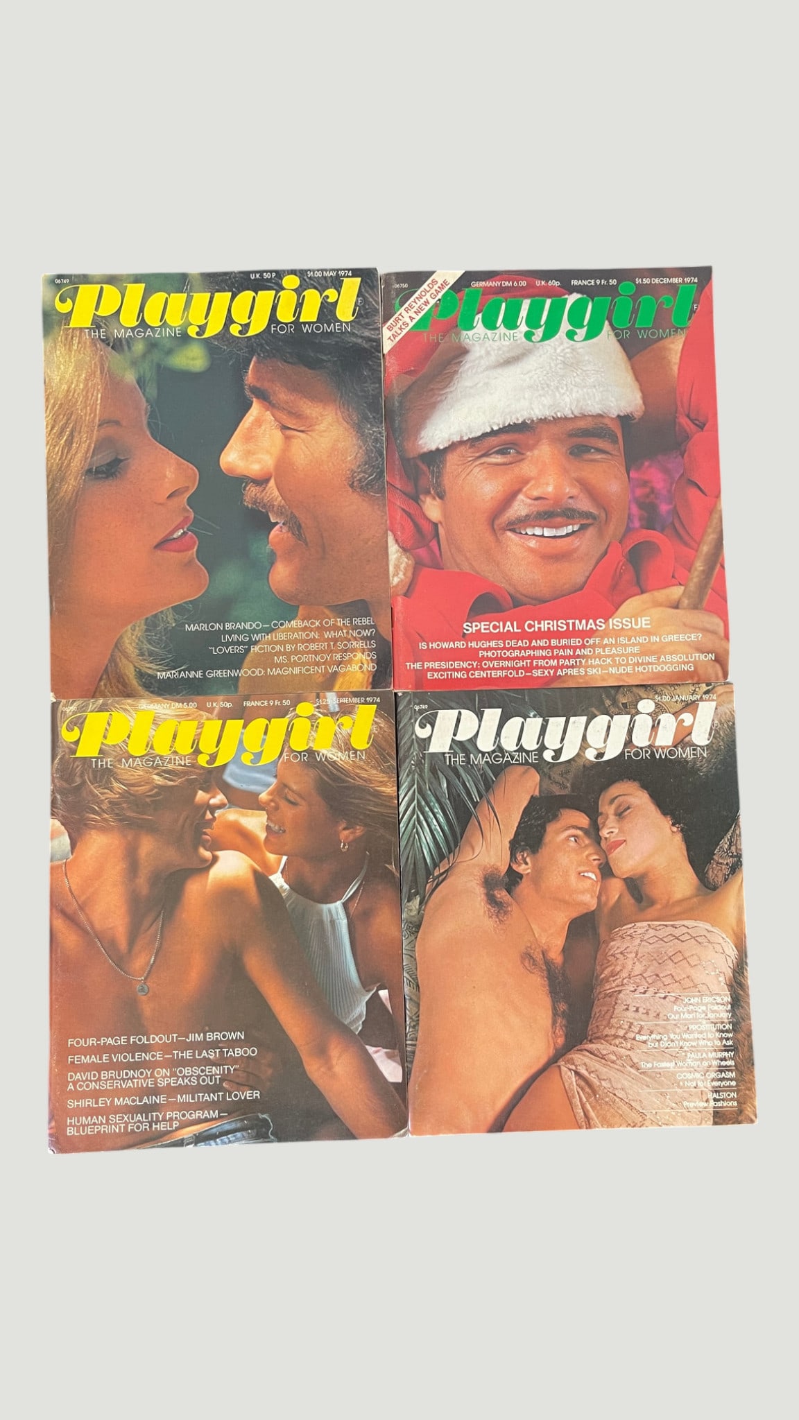 Playgirl Magazine 1974 Collection — 4 Issues May, Sep, Dec 1974 & Jan 1975: A collection of four vintage issues of Playgirl: The Magazine for Women, published in 1974-1975, comprising May 1974, September 1974, December 1974 (Special Christmas Issue), and January 1975 editions