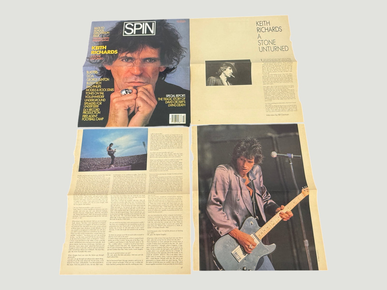 SPIN Magazine Keith Richards 'A Stone Unturned' Feature Spread 1984: A vintage SPIN Magazine issue featuring Rolling Stones guitarist Keith Richards on the cover with the headline 'A Stone Unturned,' dating from approximately 1984-1985. The lot includes the full magazi