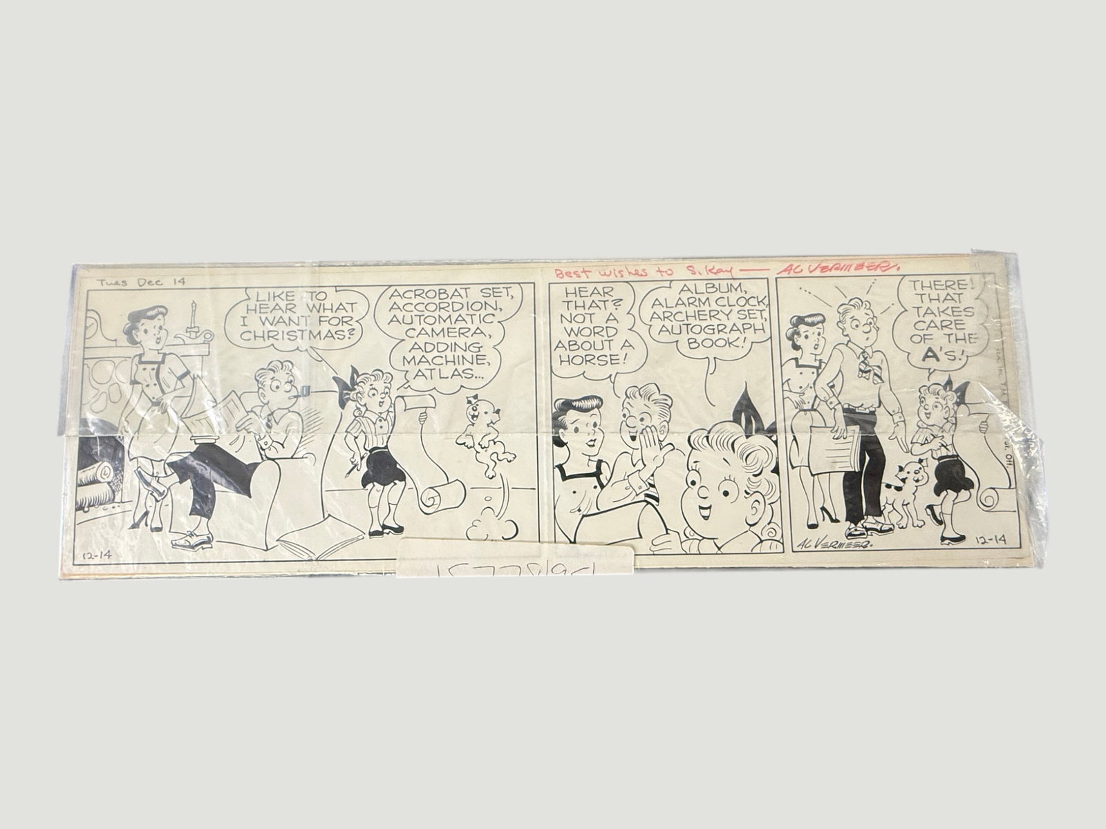 Al Vermeer 'Priscilla's Pop' Original Daily Comic Strip Art, Dec 14: An original hand-drawn daily comic strip artwork for 'Priscilla's Pop,' created by cartoonist Al Vermeer, dated Tuesday December 14 (12-14). The four-panel strip features a Christmas-themed gag in whi