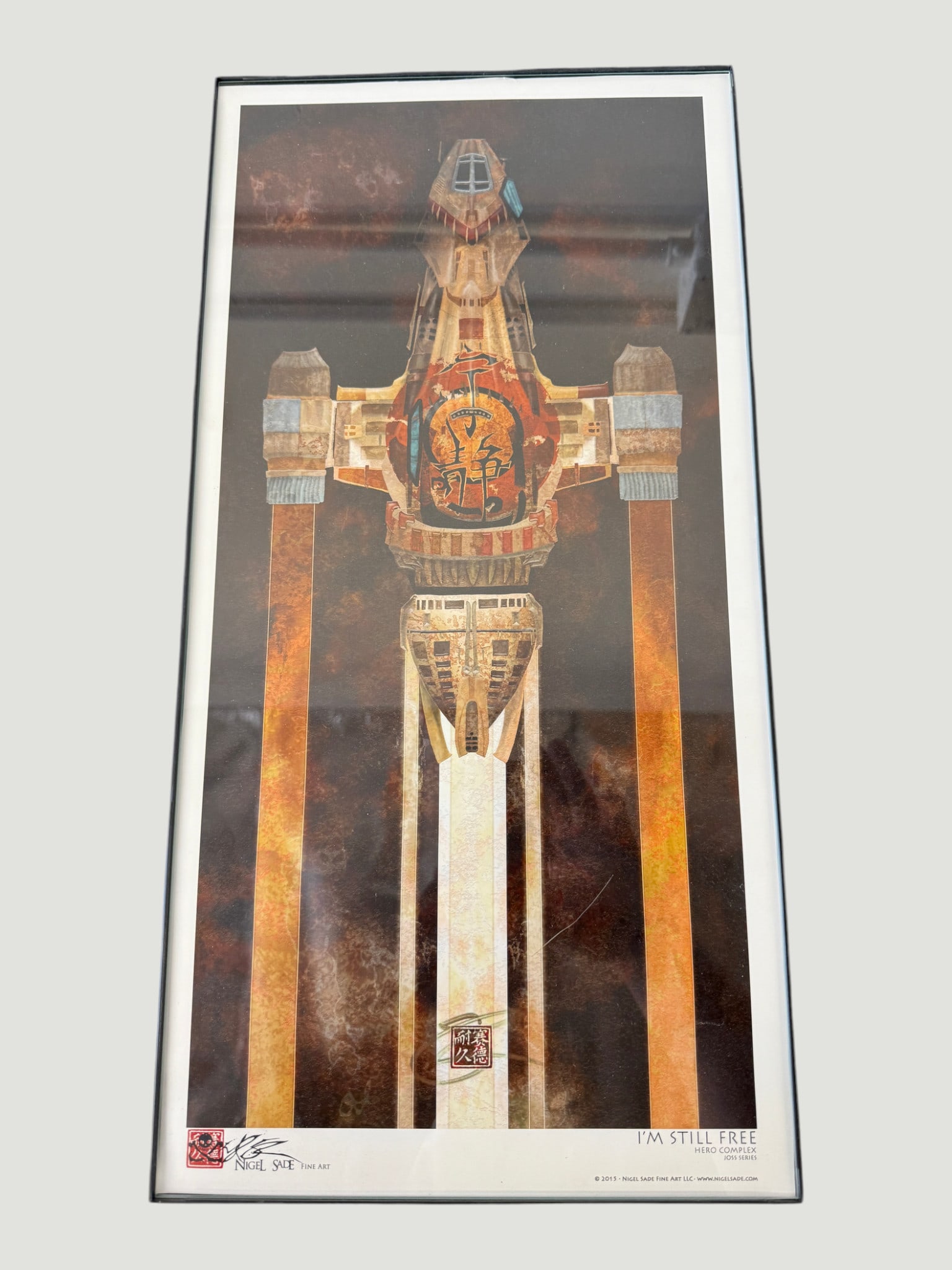 Nigel Sade Fine Art 'I'm Still Free' Firefly Serenity Framed Print, Hero Complex Joss Series: A framed fine art print titled 'I'm Still Free' by Nigel Sade Fine Art, from the Hero Complex 'Joss Series' (circa 2013), depicting the iconic Firefly-class transport ship Serenity from Joss Whedon's 
