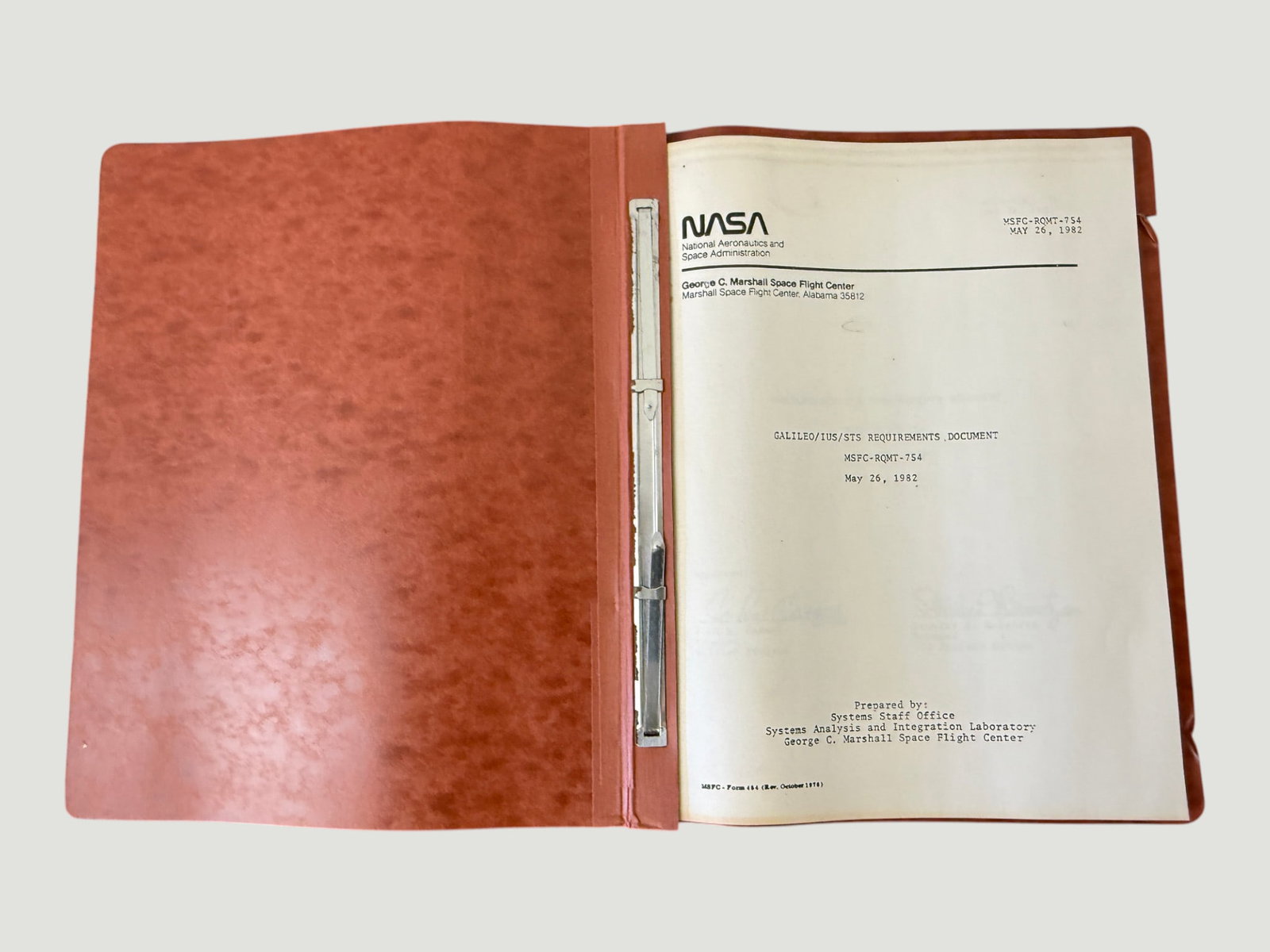NASA MSFC-RQMT-754 Galileo/IUS/STS Requirements Document, May 1982: An original NASA technical requirements document titled 'Galileo/IUS/STS Requirements Document,' bearing document number MSFC-RQMT-754 and dated May 26, 1982. Issued by the George C. Marshall Space Fl