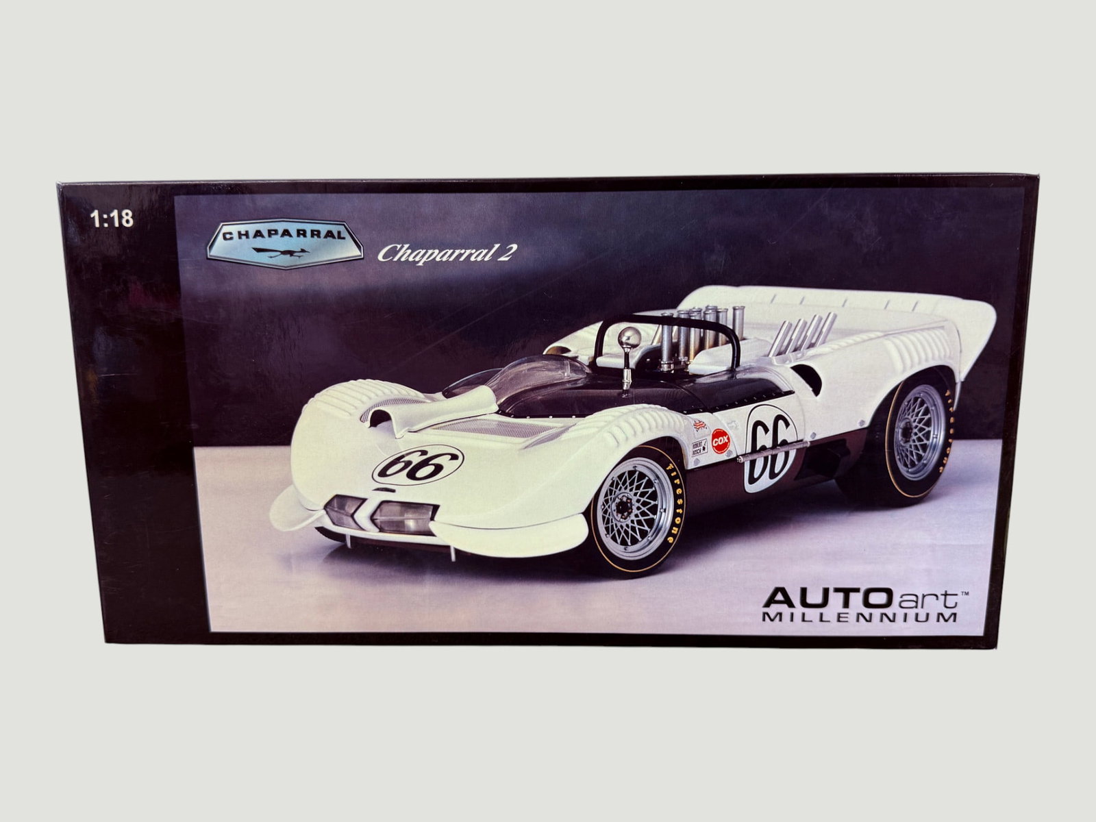 AUTOart Millennium Chaparral 2 #66 1:18 Scale Diecast Model Car: A 1:18 scale diecast model of the iconic Chaparral 2 racing car, produced by AUTOart Millennium, one of the most respected names in high-end diecast collectibles. The model replicates the famous