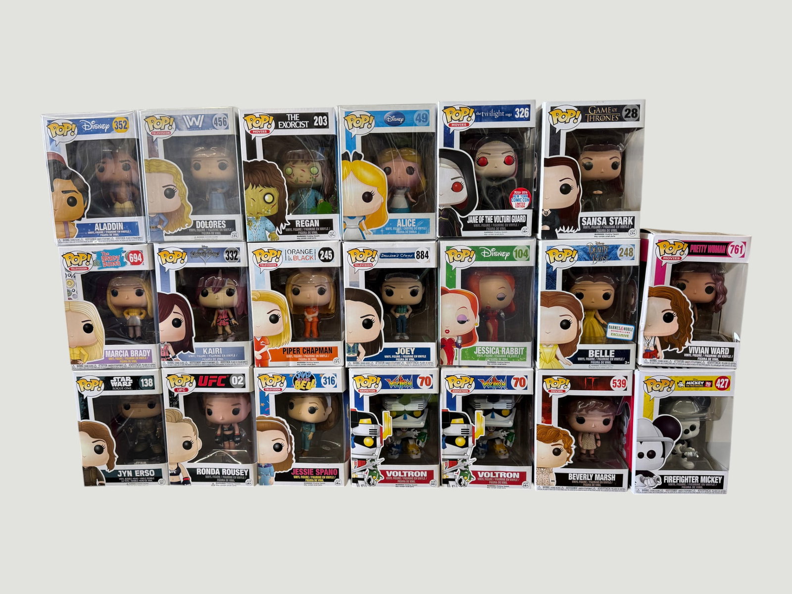 Funko Pop! Vinyl Figures Collection x18 — Disney, GOT, Star Wars, Horror & More: A collection of 18 boxed Funko Pop! vinyl figures spanning multiple franchises and series, including Disney (Aladdin #352, Alice #49, Jessica Rabbit #104, Belle #248), Game of Thrones (Sansa Stark #28