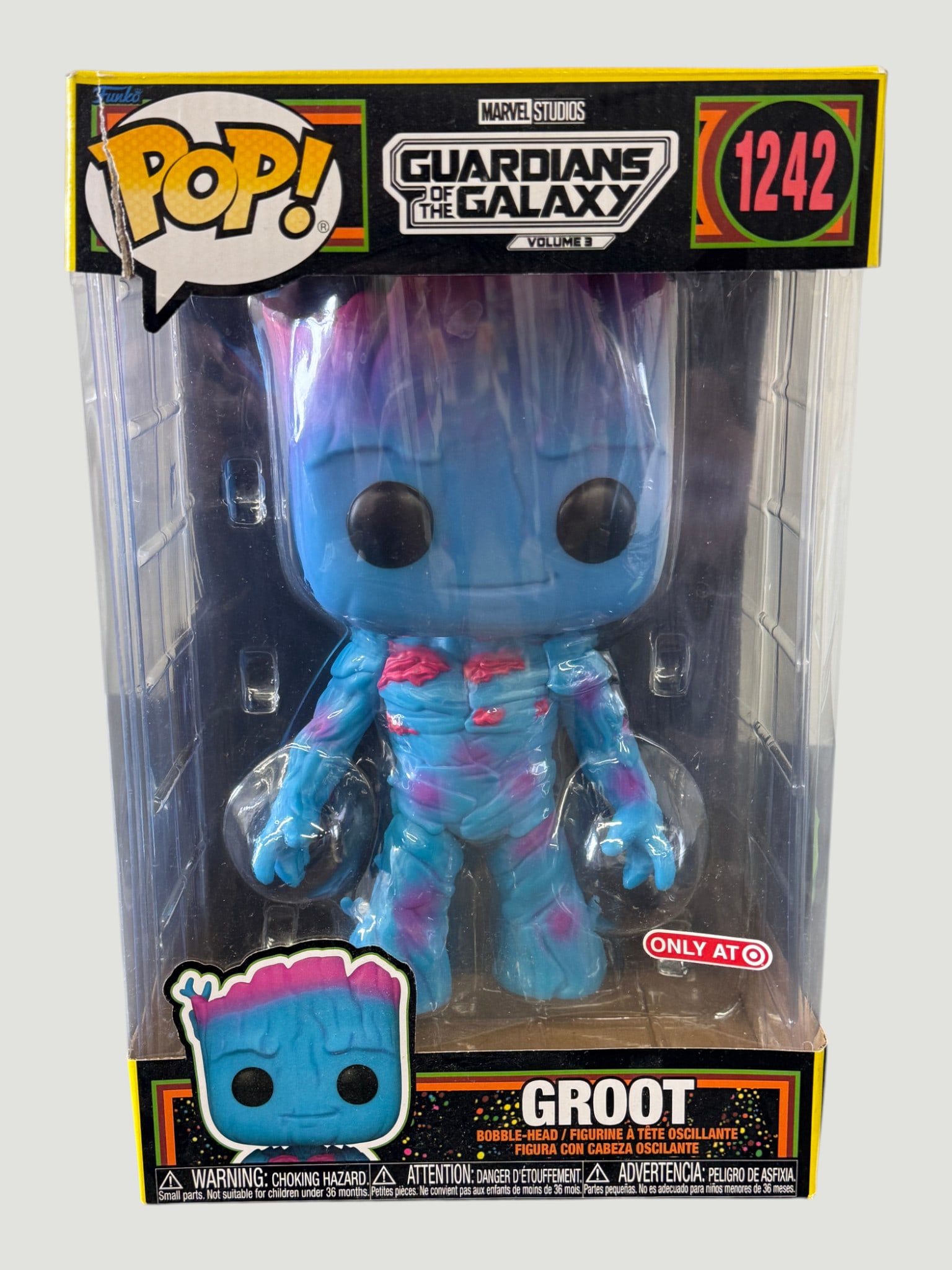 Funko Pop! Marvel Groot #1242 Guardians of the Galaxy Vol.3 10" Target Exclusive: Funko Pop! 10-inch Super Sized bobble-head figure of Groot (number 1242) from Marvel Studios' Guardians of the Galaxy Volume 3, released in 2023. This is a Target exclusive featuring a striking black 