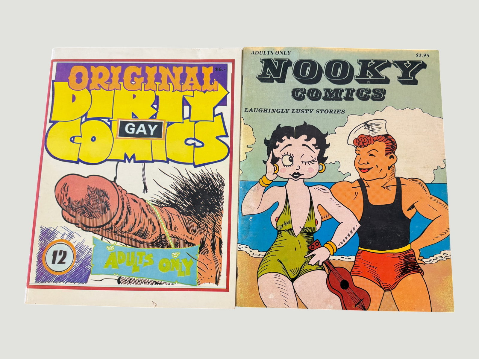 Adults Only Underground Comics Lot: Original Dirty Gay Comics #12 & Nooky Comics: A pair of adults-only underground comix publications from the 1970s-1980s. Includes 'Original Dirty Gay Comics' #12 (priced at $6, marked 'Adults Only'), an example of the underground gay comix moveme