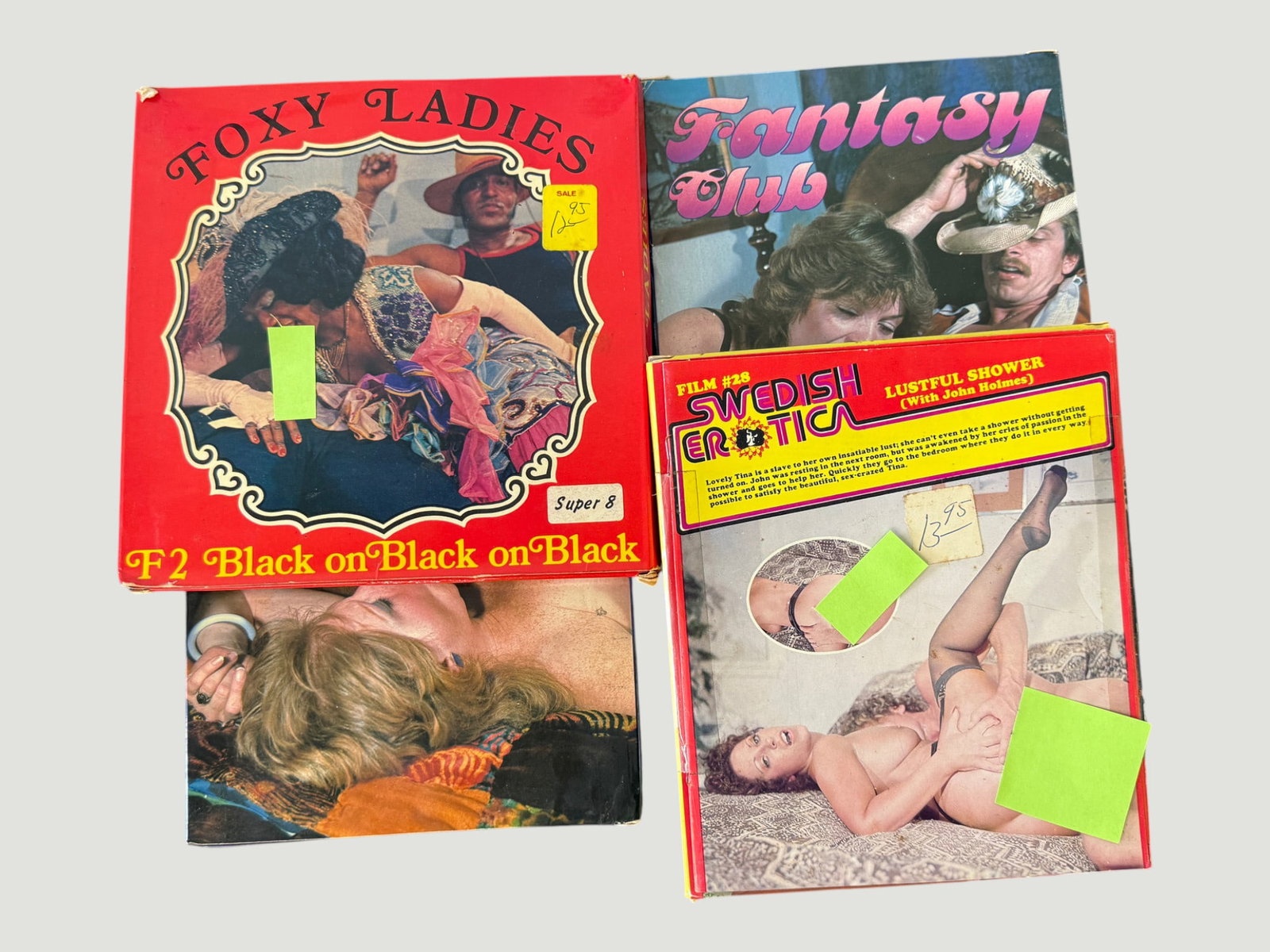 Vintage Adult Super 8mm Film & Collectibles Lot – 1970s/80s, 4 Items: A collection of vintage adult entertainment collectibles comprising four items: two Super 8mm film reels in original boxes including 'Gypsy Women' (OZ Films, Super 8) and 'Hollywood Hooters Fuck-A-Tho