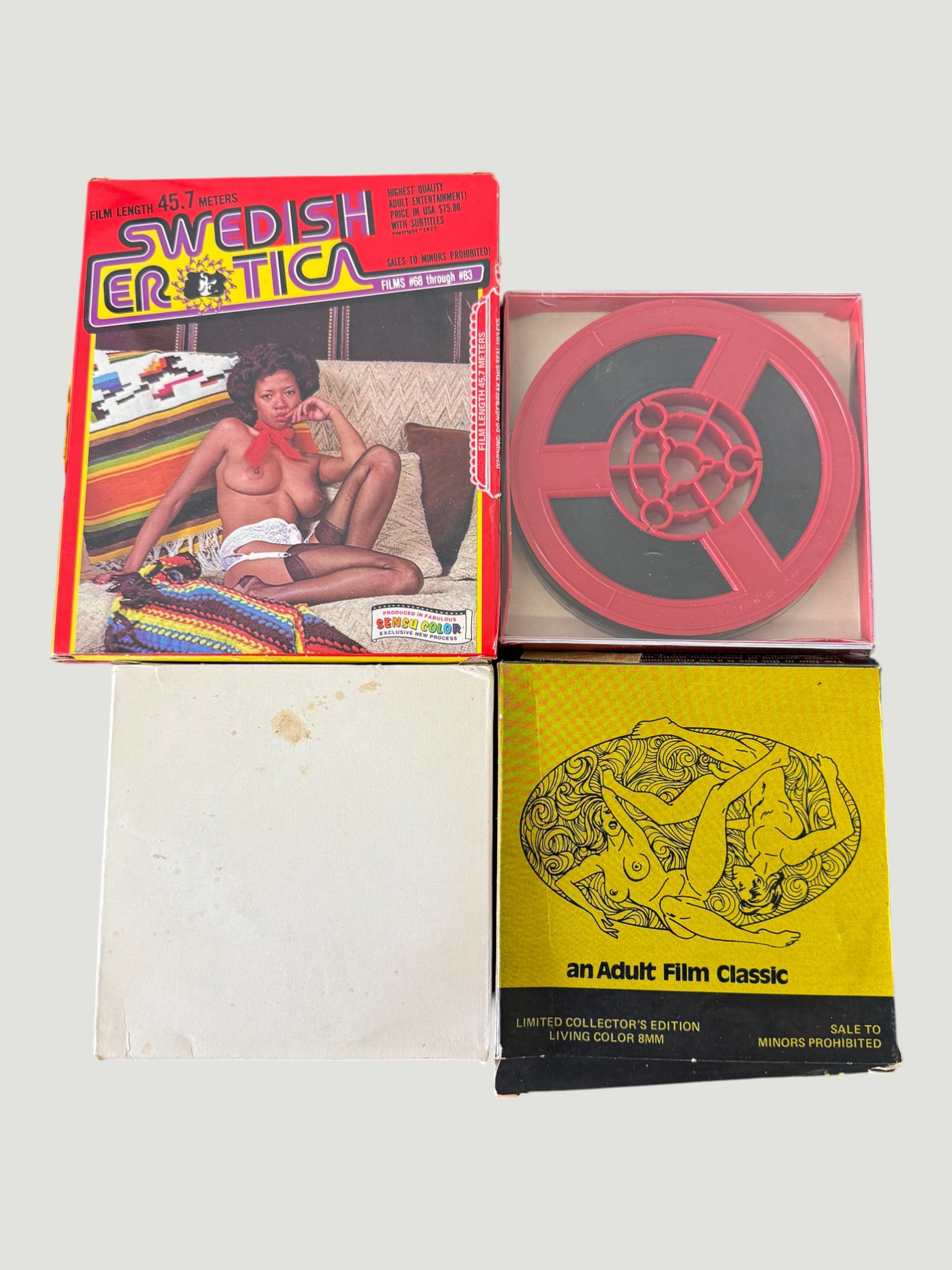Vintage Adult Super 8mm Film & Collectibles Lot – 1970s/80s, 4 Items: A collection of vintage adult entertainment collectibles comprising four items: two Super 8mm film reels in original boxes including 'Gypsy Women' (OZ Films, Super 8) and 'Hollywood Hooters Fuck-A-Tho
