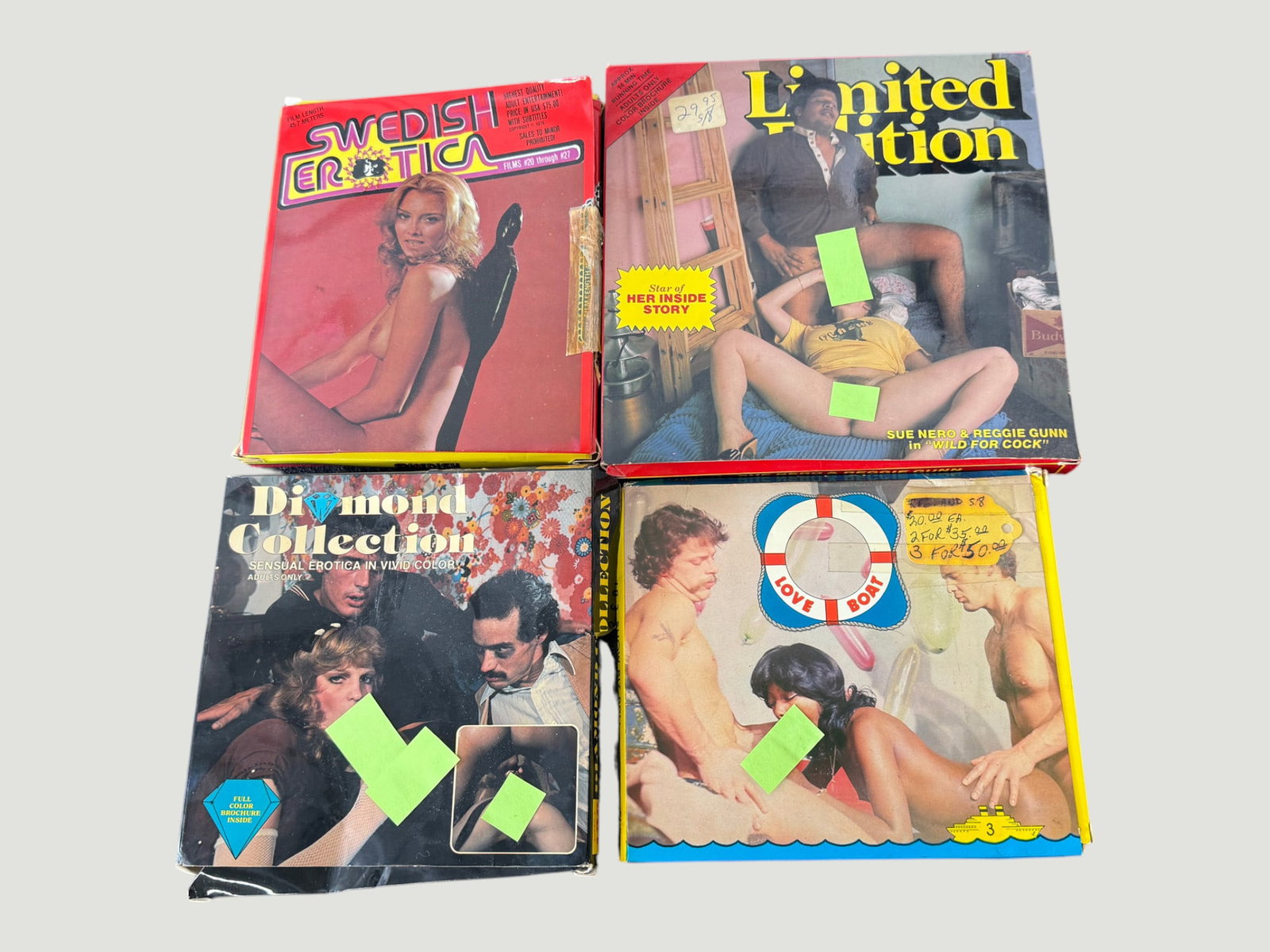 Vintage Adult 8mm Film Reels Collection x4 - Swedish Erotica, Diamond Collection 1970s: A collection of four vintage 8mm adult film reels from the late 1970s to early 1980s, comprising: Swedish Erotica (Films #20-27), Limited Edition featuring Sue Nero and Reggie Gunn, Diamond Collection