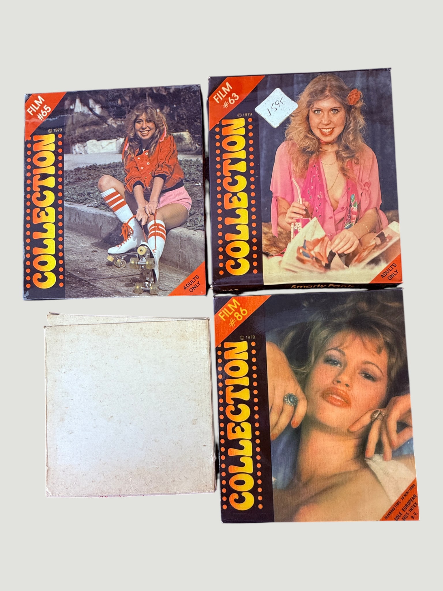 Collection 8mm Adult Film Reels #63, #65 & #86 (1979) — Set of 3: A set of three vintage 8mm adult novelty film reels from the 'Collection' series, copyright 1979, comprising Film #63 ('Smarty Pants'), Film #65 (roller skating theme), and Film #86. Each reel is pres