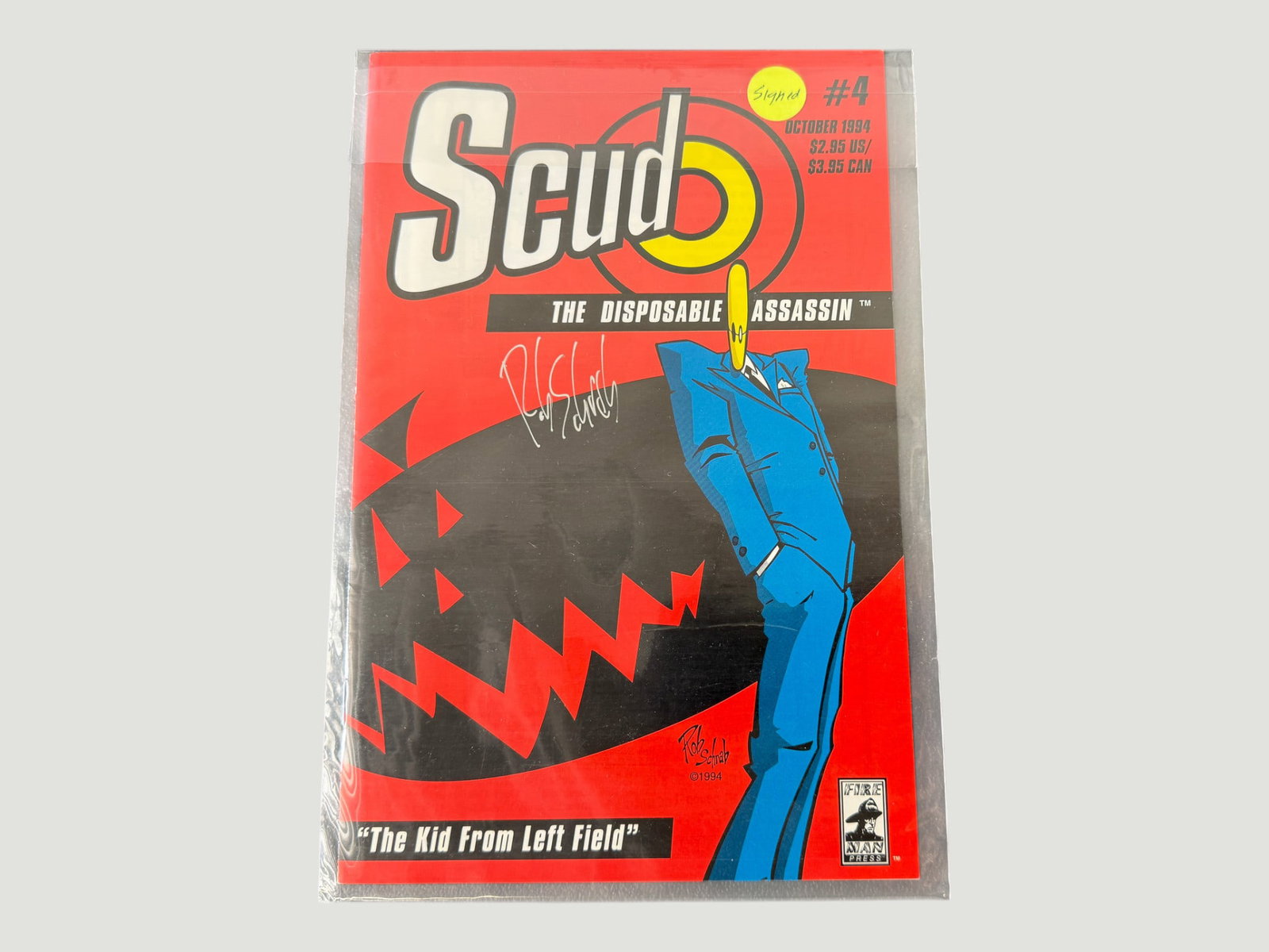 Scud: The Disposable Assassin #4, Fireman Press 1994, Signed by Rob Schrab: Scud: The Disposable Assassin #4, published by Fireman Press in October 1994, subtitled 'The Kid From Left Field.' This is an early independent comic series created by Rob Schrab, featuring the cult-f