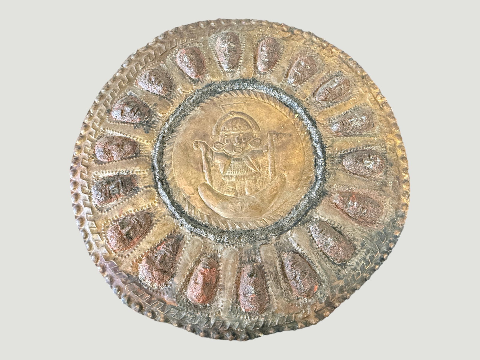 Pre-Columbian Style Repousse Metal Disk Plaque with Central Deity Figure (1 of 3)