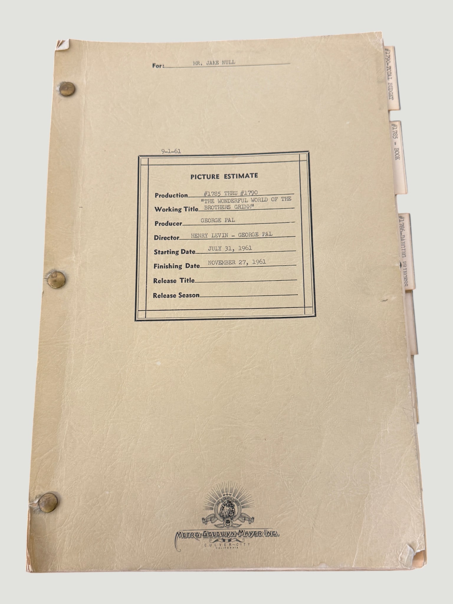 1961 MGM 'The Wonderful World of the Brothers Grimm' Picture Estimate Document (1 of 4)