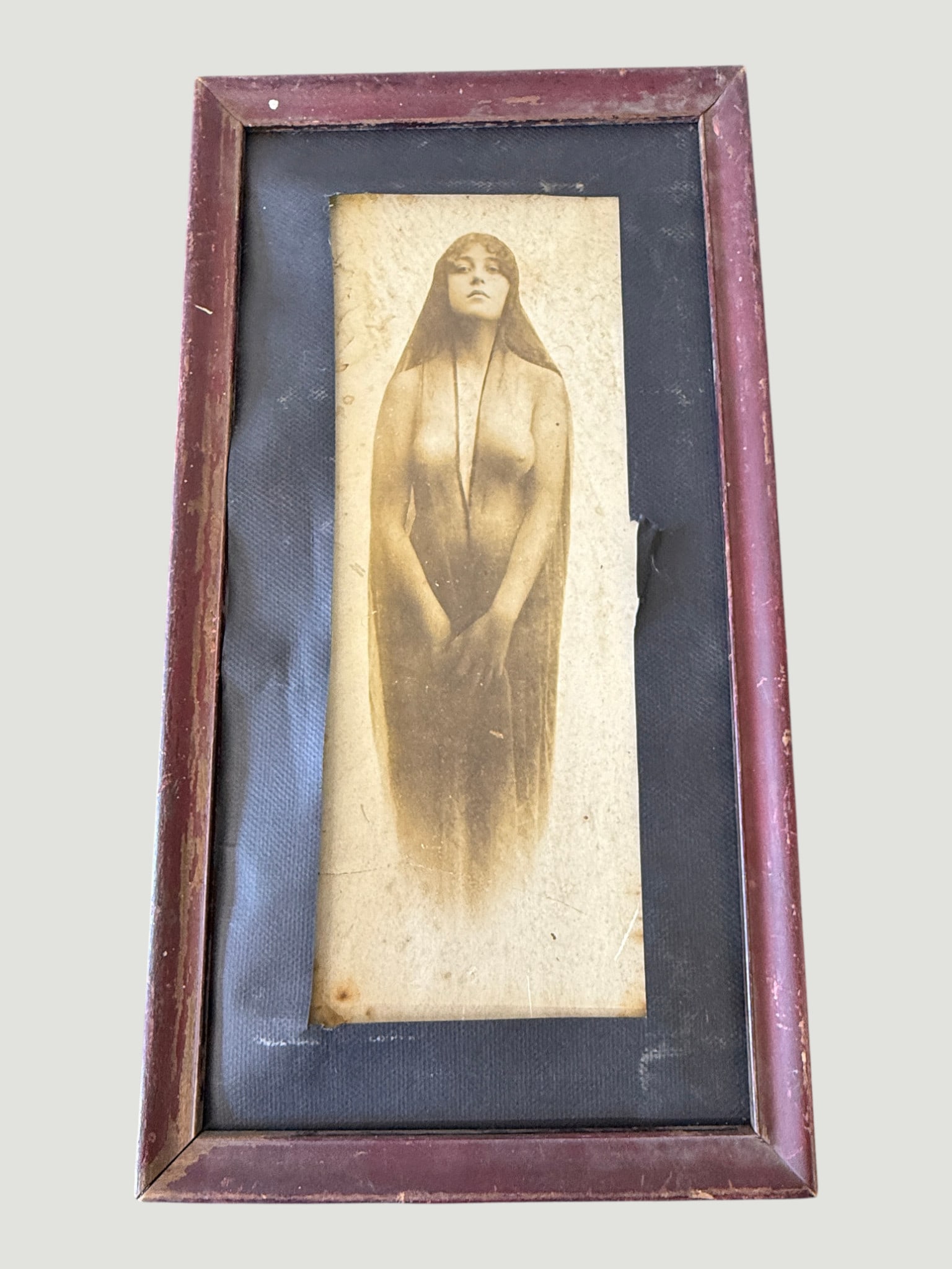 Antique Framed Sepia Photograph Veiled Female Figure Art Nouveau Style c.1900: A framed antique sepia-toned photographic print depicting a standing female figure draped in a long veil, rendered in a soft pictorialist style characteristic of the Art Nouveau period, circa late 19t