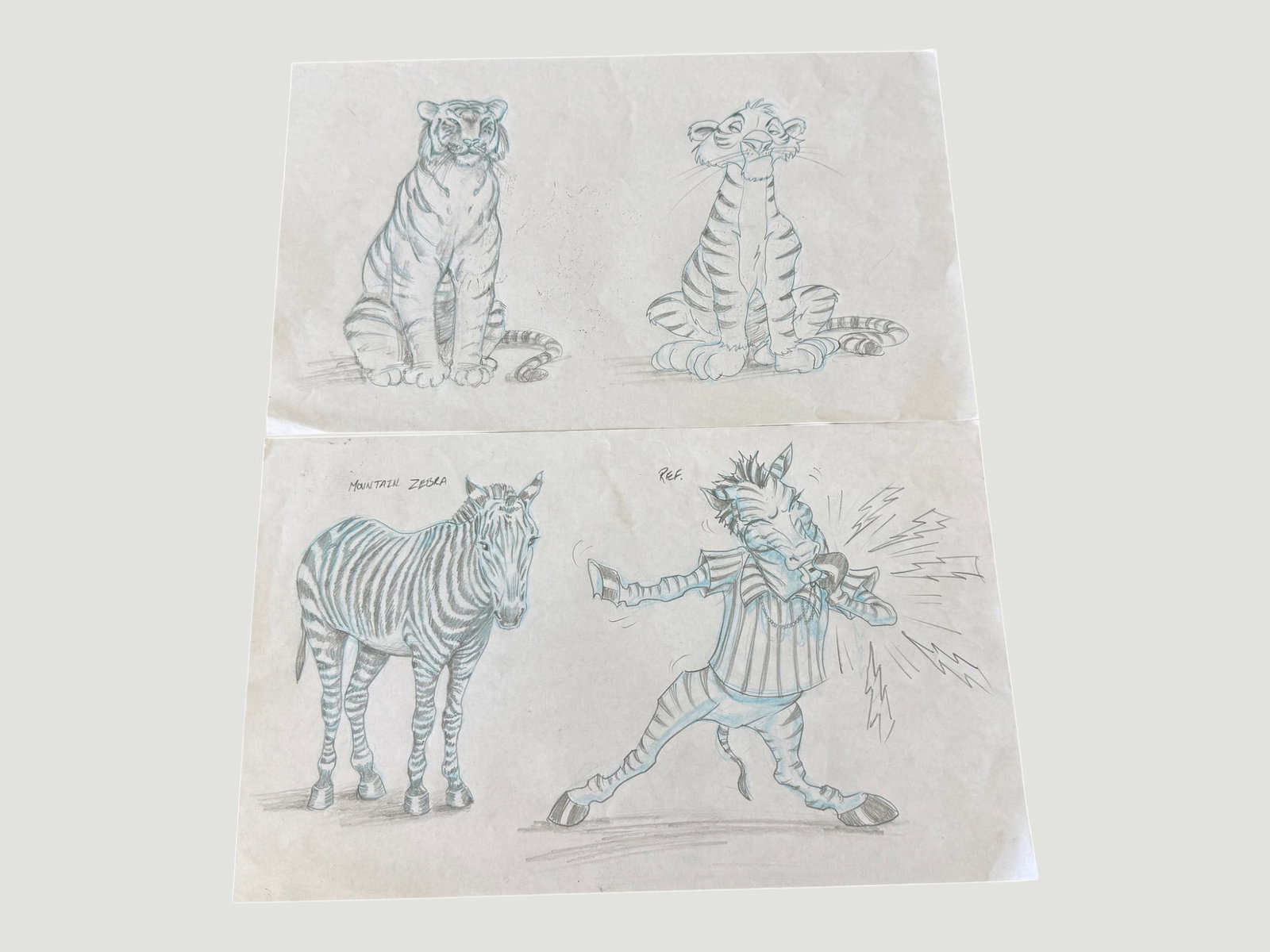 Original Animation Concept Art - Tiger & Zebra Character Studies, Pencil/Blue Line (1 of 2)