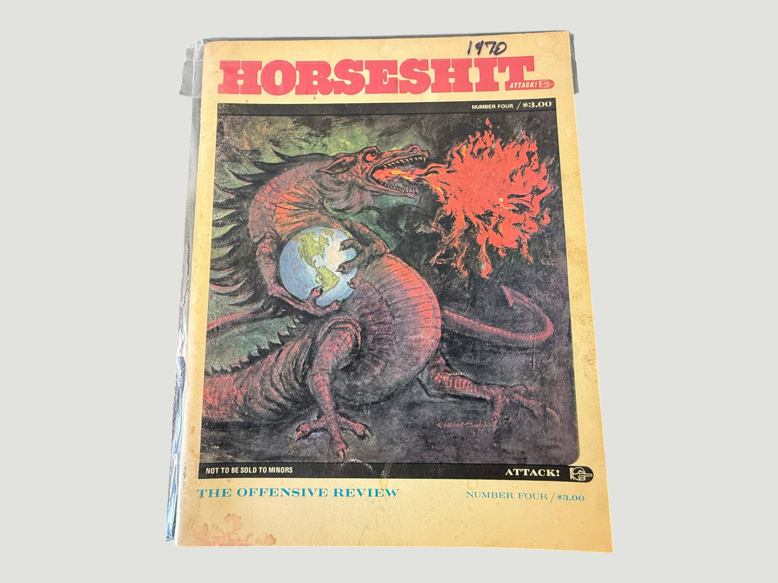 Horseshit Attack! #4 'The Offensive Review' Underground Comix Magazine 1970: A rare underground comix publication titled 'Horseshit Attack! The Offensive Review,' Number Four, priced at $3.00 and dated 1970. The cover features striking artwork of a red dragon clutching the glo