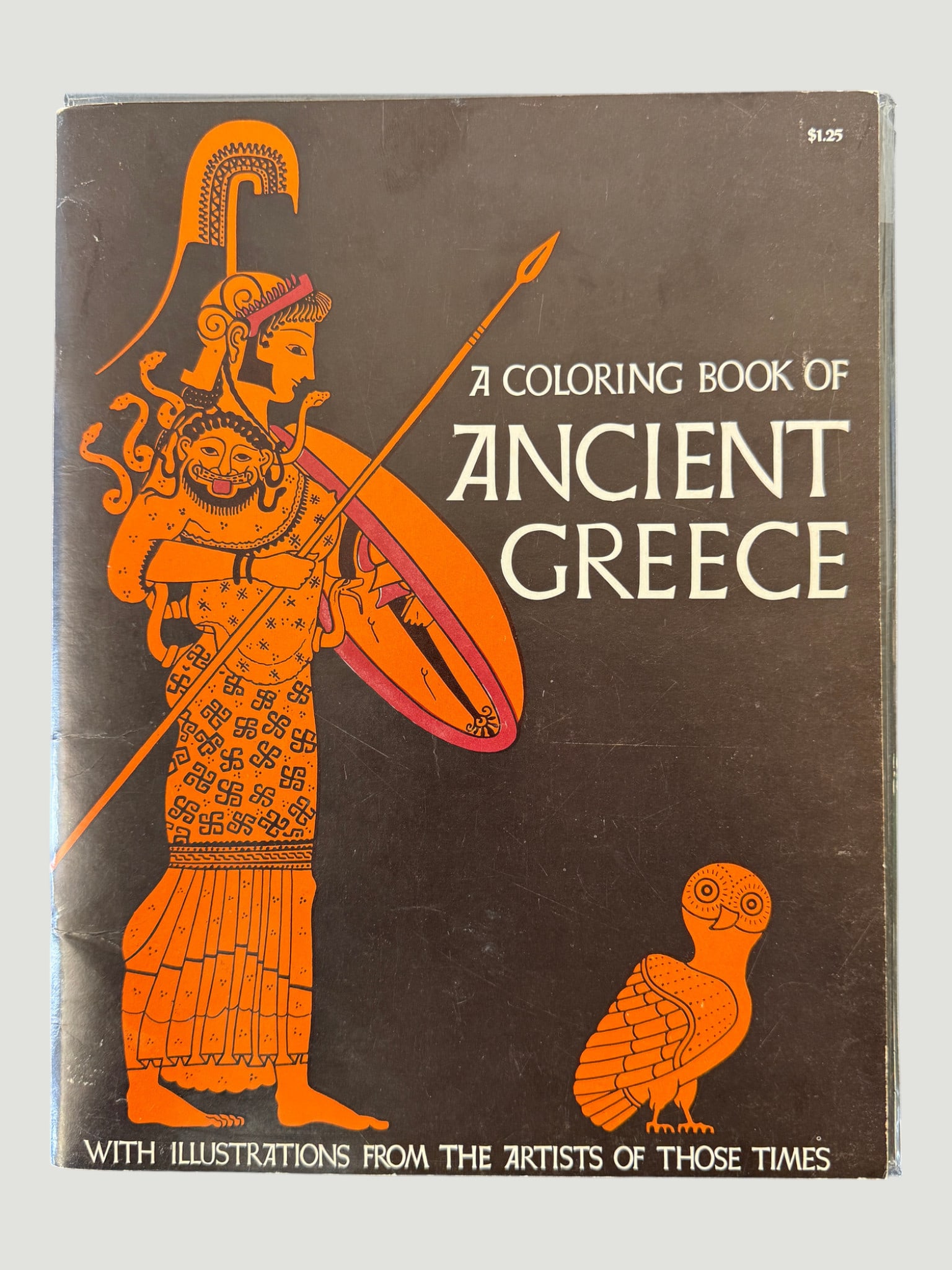 A Coloring Book of Ancient Greece – Bellerophon Books, Vintage Educational: A vintage coloring book titled 'A Coloring Book of Ancient Greece,' published by Bellerophon Books, priced at $1.25 on the cover indicating a likely 1960s–1970s publication date. The cover features 