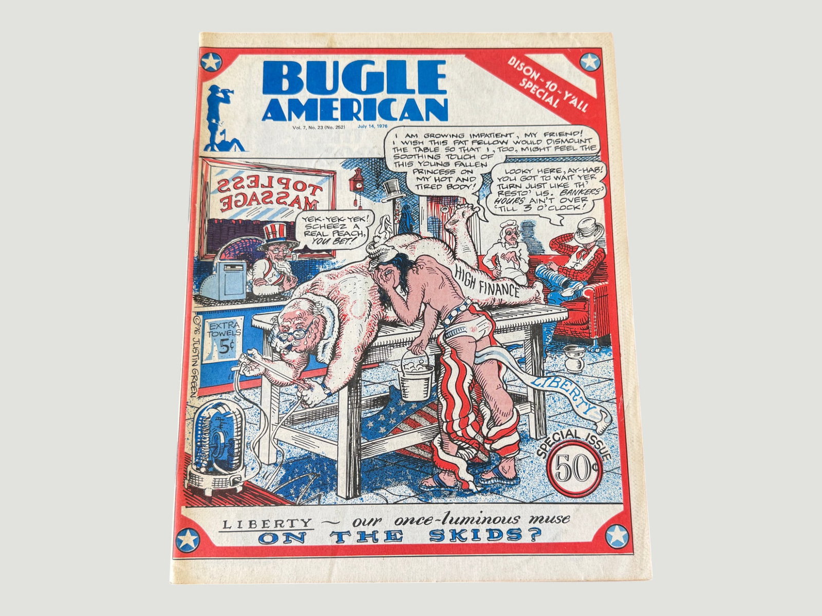 Bugle American Vol.7 No.23 Underground Newspaper July 14 1978 Justin Green: The Bugle American was a Milwaukee-based underground alternative newspaper published from 1969 to 1979, representing a key artifact of the American underground press movement. This special issue (No. 