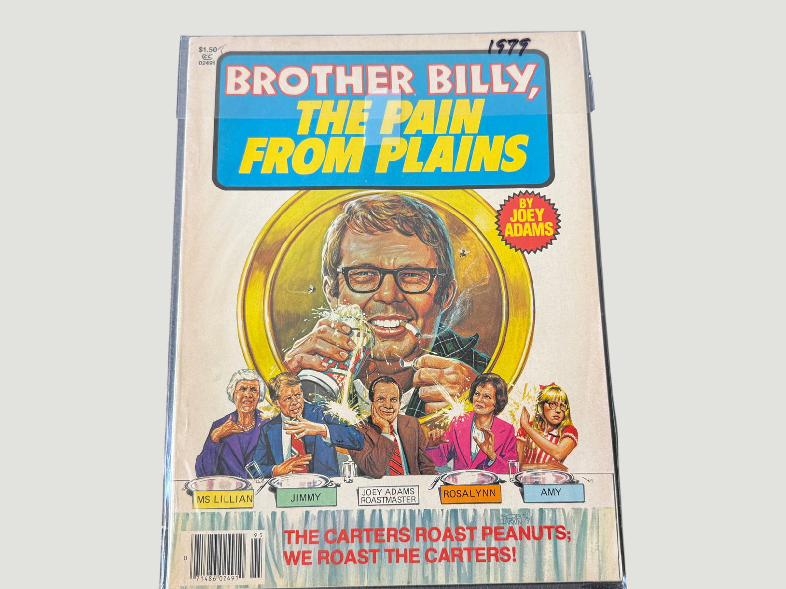 Brother Billy, The Pain From Plains by Joey Adams, 1979 Comedy Magazine: A 1979 satirical humor magazine titled 'Brother Billy, The Pain From Plains' written by Joey Adams, published by Crest/CC (catalog number 02491), priced at $1.50 on the cover. The publication lampoons