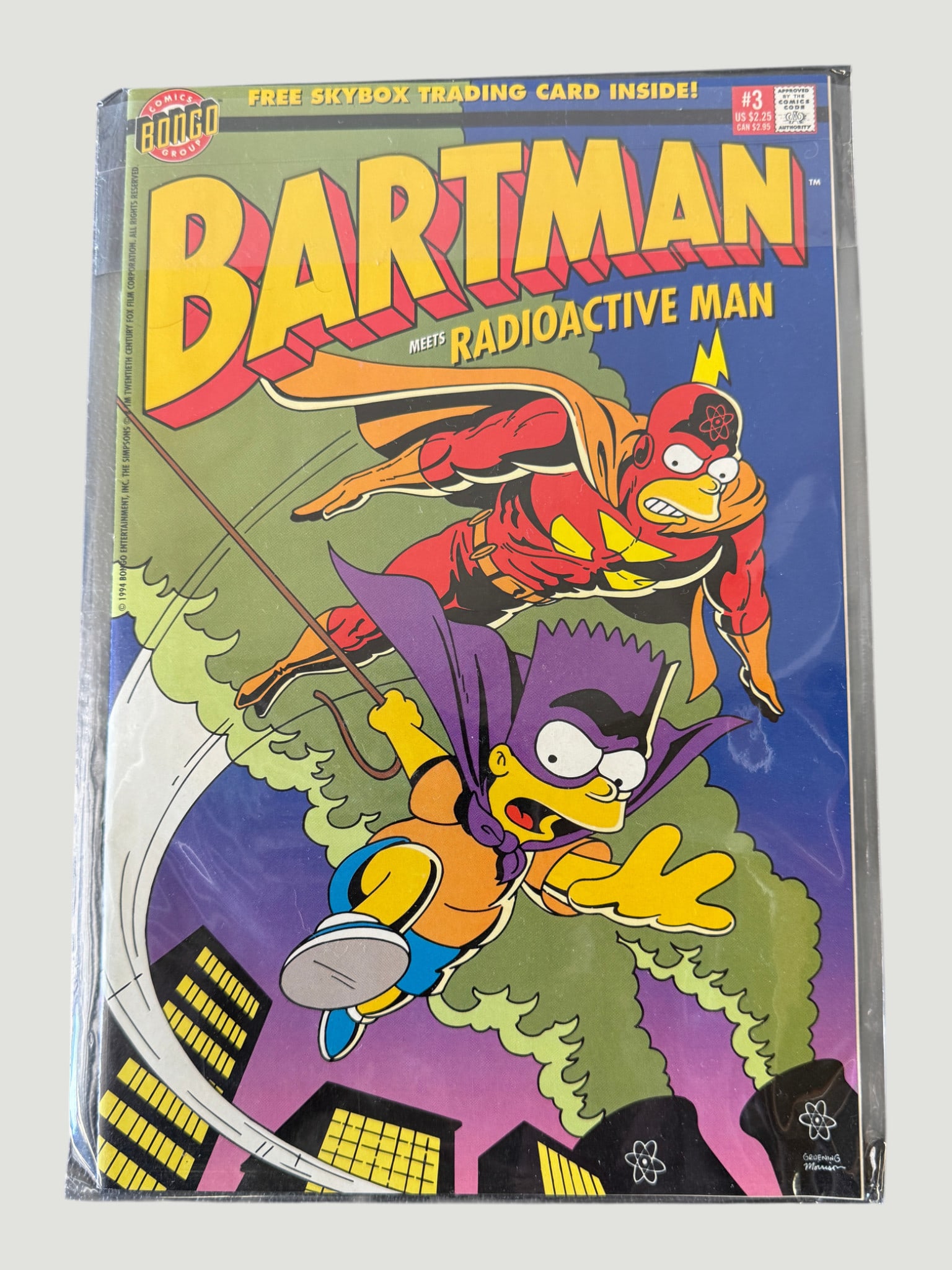 Bartman Meets Radioactive Man #3, Bongo Comics Group, 1994 — Sealed w/ Skybox Card: Bartman Meets Radioactive Man issue #3, published in 1994 by Bongo Comics Group, based on the iconic Simpsons animated series created by Matt Groening. This edition features a dynamic cover depicting 