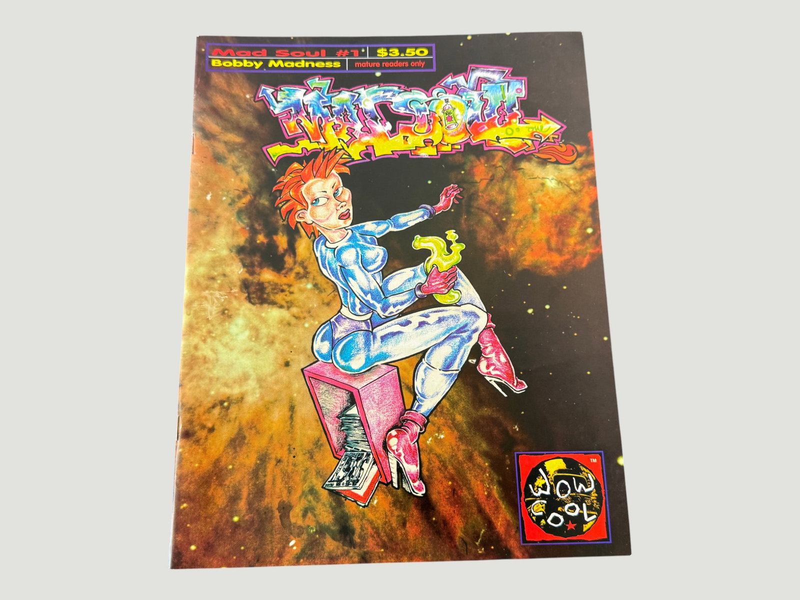 Mad Soul #1 Bobby Madness Wow Cool Comics Mature Readers Independent Comic: Mad Soul #1, subtitled 'Bobby Madness,' published by Wow Cool, an independent small press comic book priced at $3.50 and designated for mature readers only. The cover features vibrant graffiti-style l