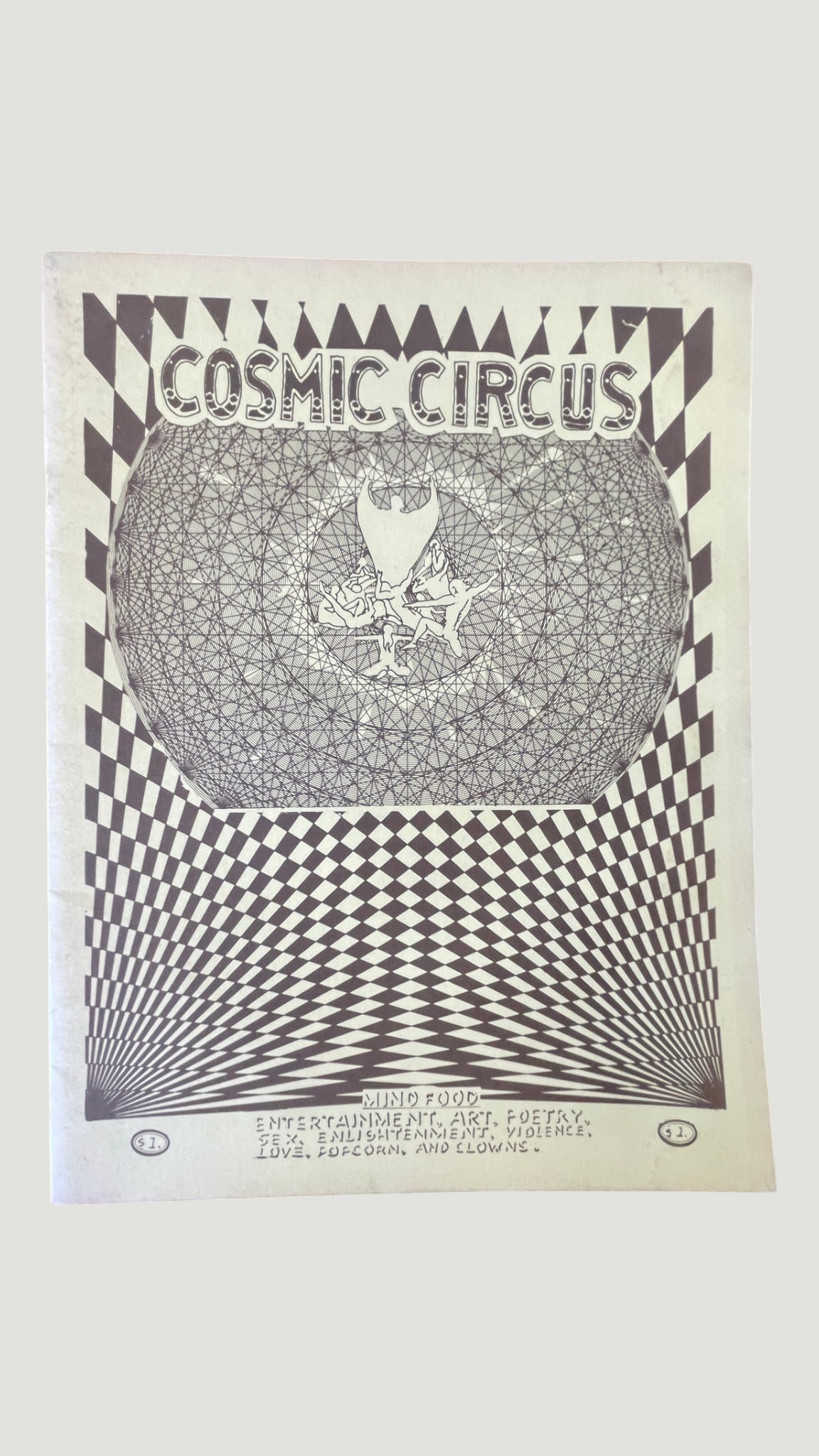 Cosmic Circus Underground Zine/Magazine 'Mind Food' Psychedelic Cover Art: A rare underground publication titled 'Cosmic Circus,' subtitled 'Mind Food,' featuring striking psychedelic black-and-white cover artwork with Op Art checkerboard patterns, a geodesic sphere, and fig