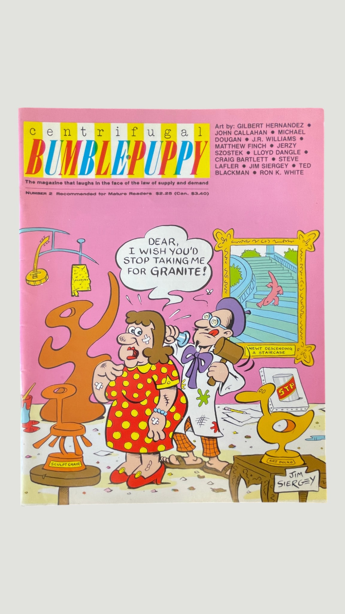 Centrifugal Bumble-Puppy #2 Underground Comic Magazine Jim Siergey Cover: Centrifugal Bumble-Puppy Number 2, an underground/alternative humor comic magazine featuring cover art by Jim Siergey with the pun gag 'Dear, I Wish You'd Stop Taking Me For Granite!' Priced at $2.25 